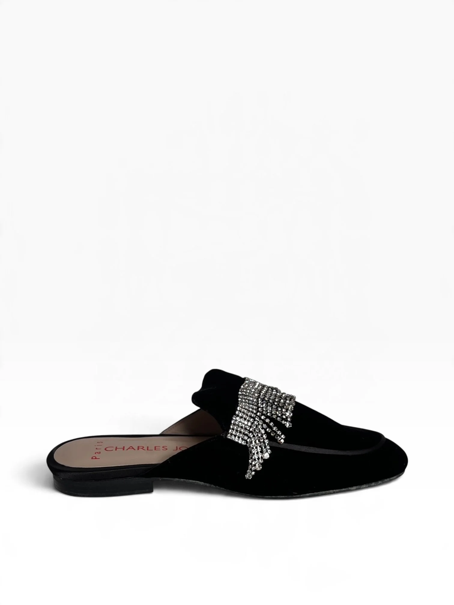 Charles Jourdan Black Velvet Mule Flats with Fringe Strass