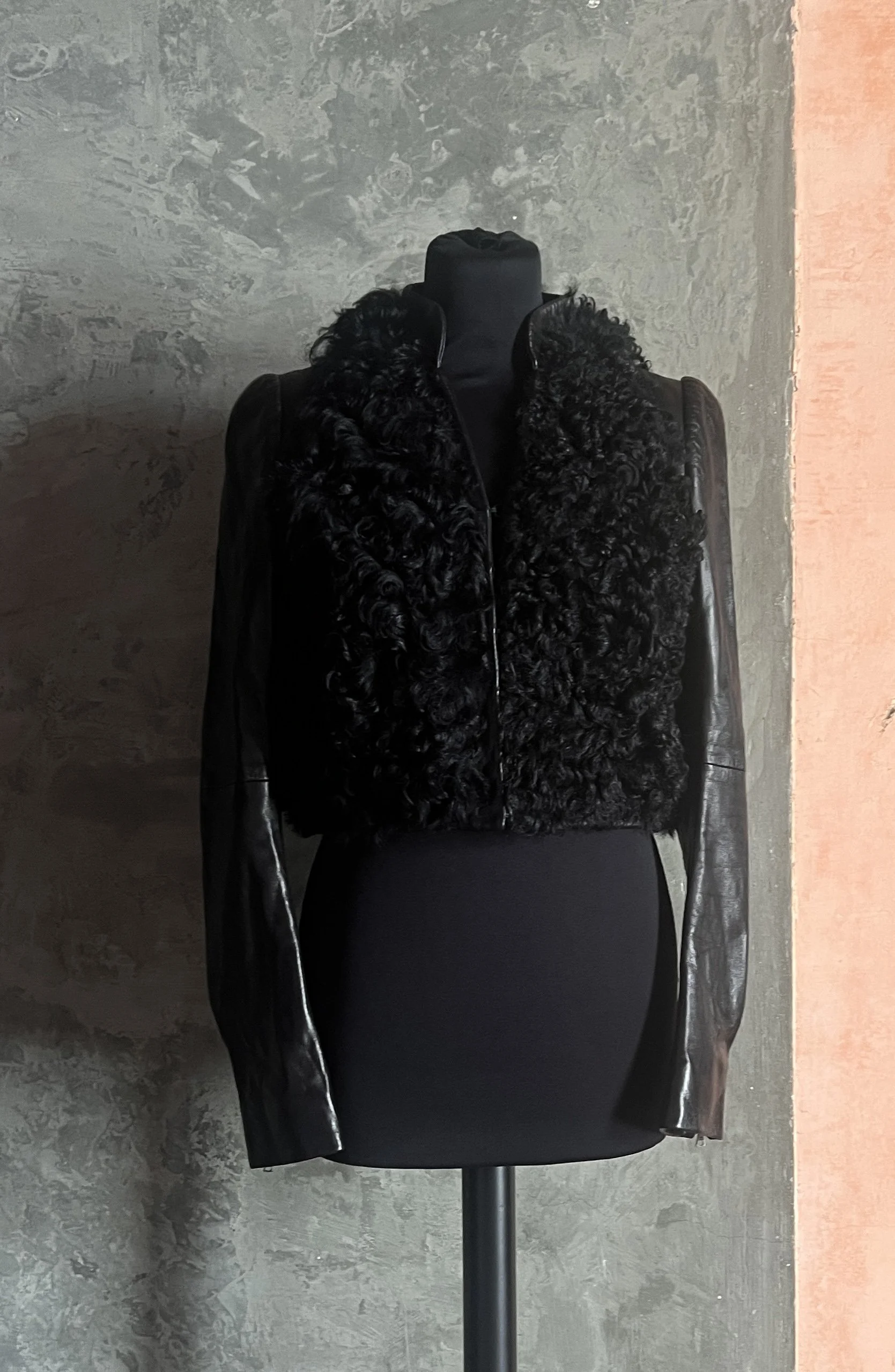 Balenciaga Pre-Fall 2008 Black Leather Jacket With Curly Fur