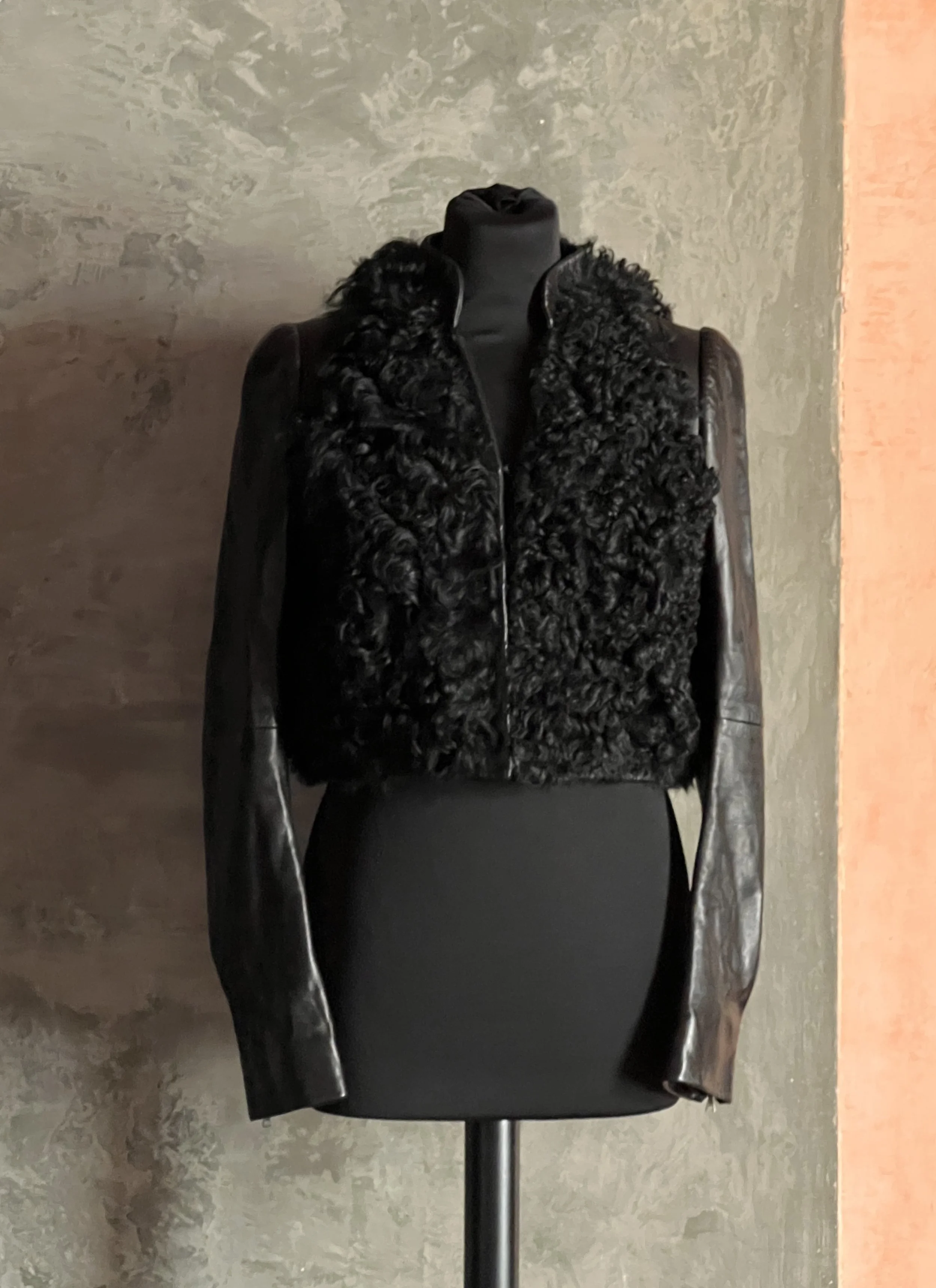 Balenciaga Pre-Fall 2008 Black Leather Jacket With Curly Fur