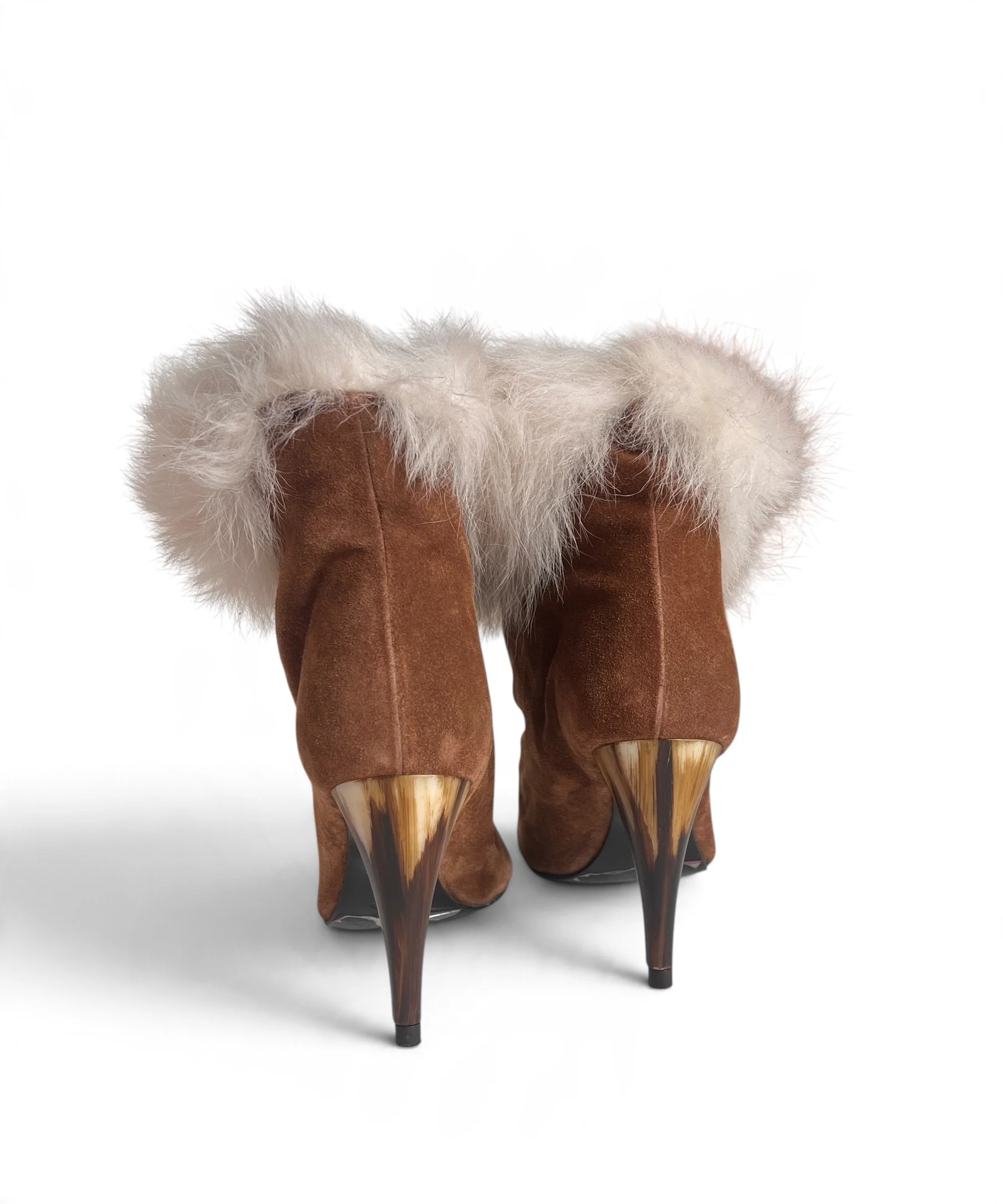 Charles Jourdan Camel Suede & White Fur Ankle Boots