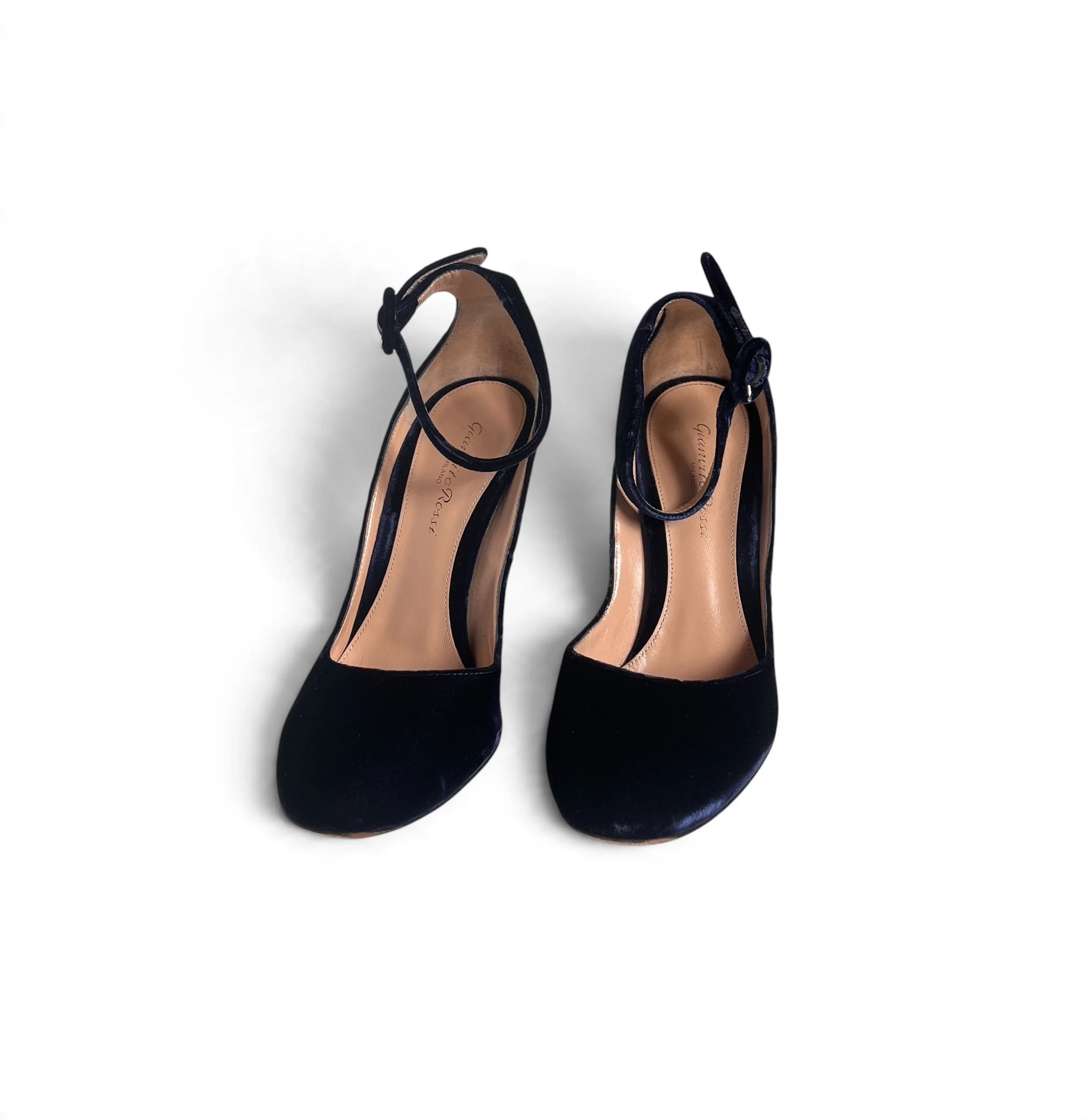 Gianvito Rossi Navy Velvet Ankle Strap Pumps