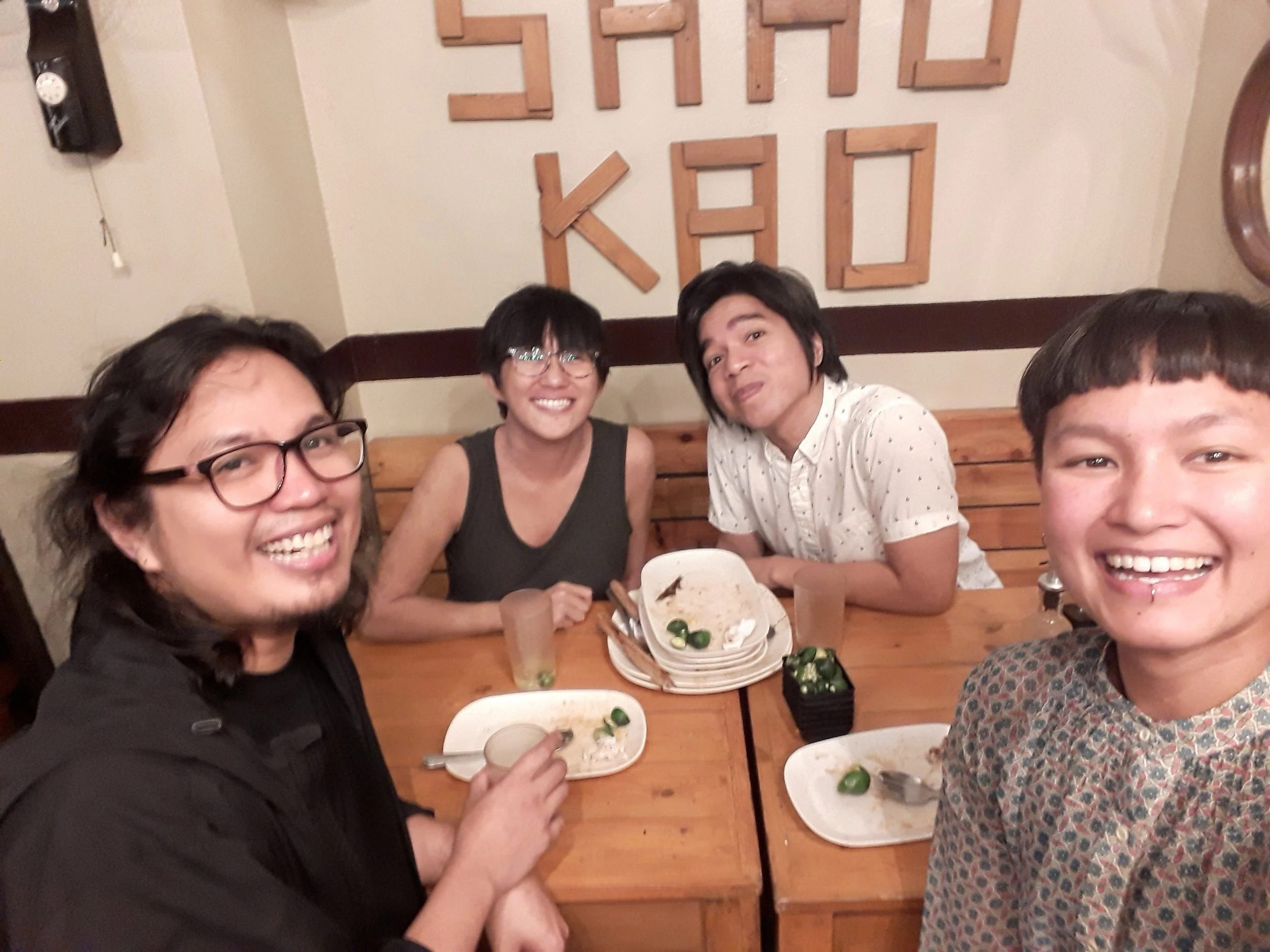 Filikino curator Anna scheming with filmmakers Shireen Seno, John Torres, and Green Papaya curator Merv Espina in QC, Philippines. January 2019.
