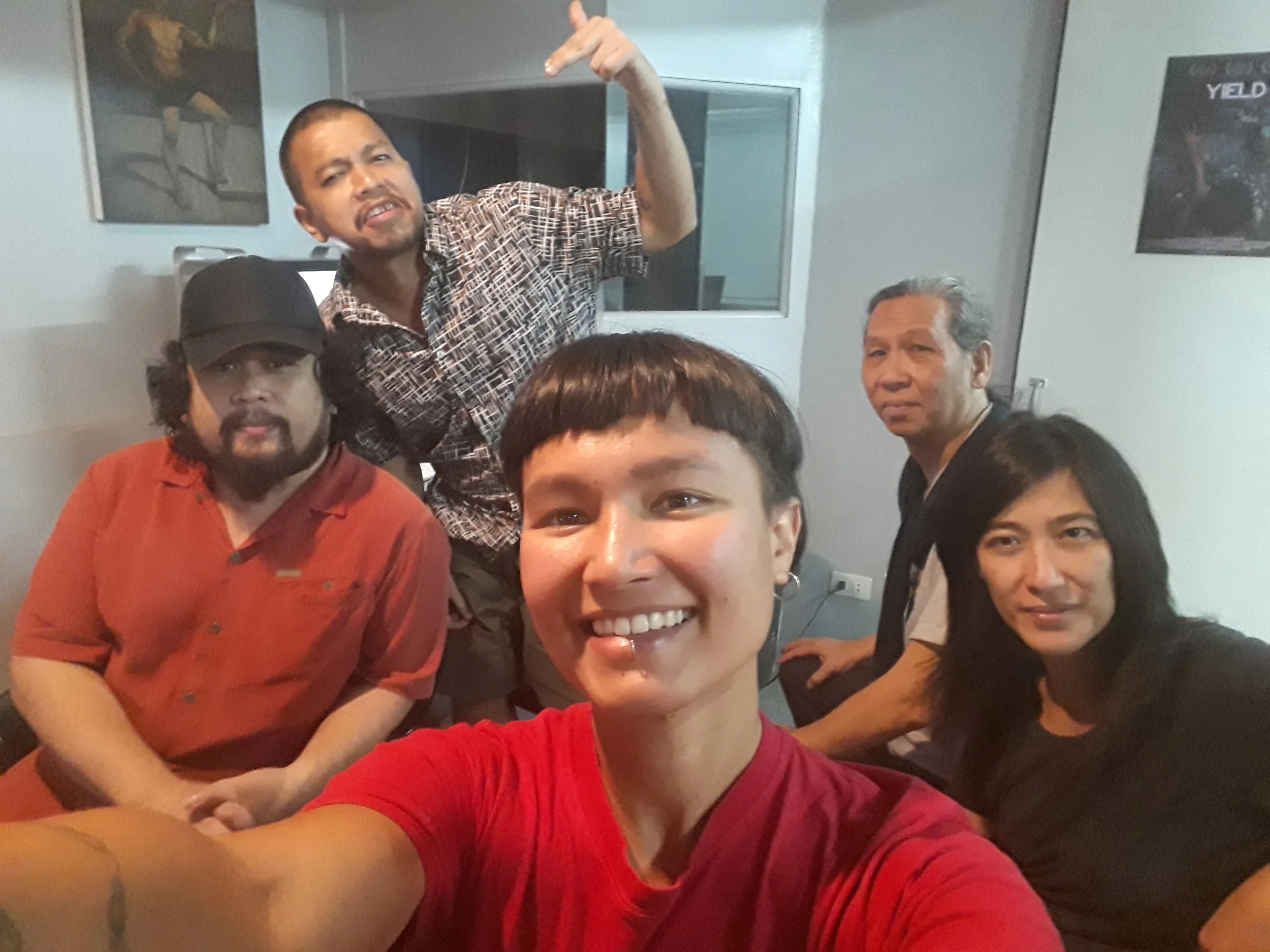 Filikino curator Anna meeting up with filmmakers Victor Tagaro, Sinag de Jesus, director Leah Borromeo of Disobedient Films, and NCCA Cinema Chair Teddy Co. Manila, 2019.