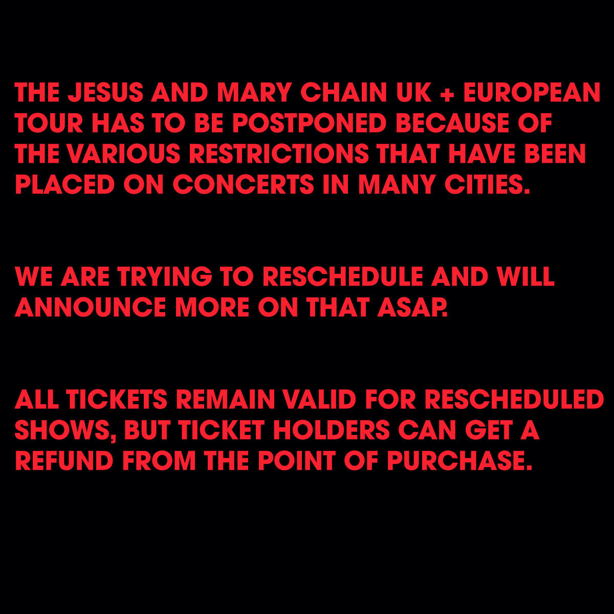 UK + EUROPEAN TOUR POSTPONED