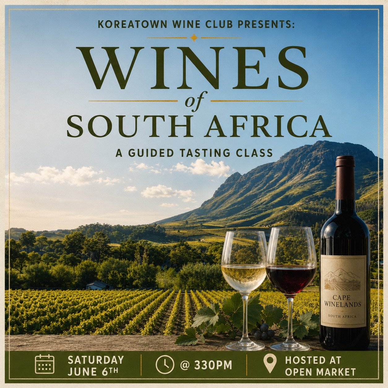 KWC WINE TASTING
SOUTH AFRICAN WINES

Join us Saturday June 6th as we host a new in person wine tasting class focused on the exciting new wines of South Africa! A region that many of us may have heard or tasted, but never truly dived into. The region