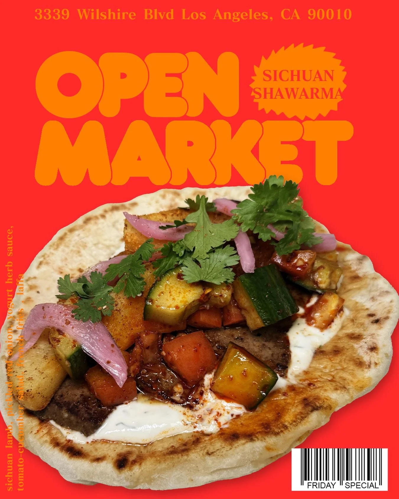 FRIDAY SPECIAL
SICHUAN SHAWARMA

The ancient Silk Road is a braided network of trade routes connecting China to the Mediterranean, passing through Central Asia, Persia, and the Levant. For over 1,500 years, merchants carried silk, gold, ideas, and fo