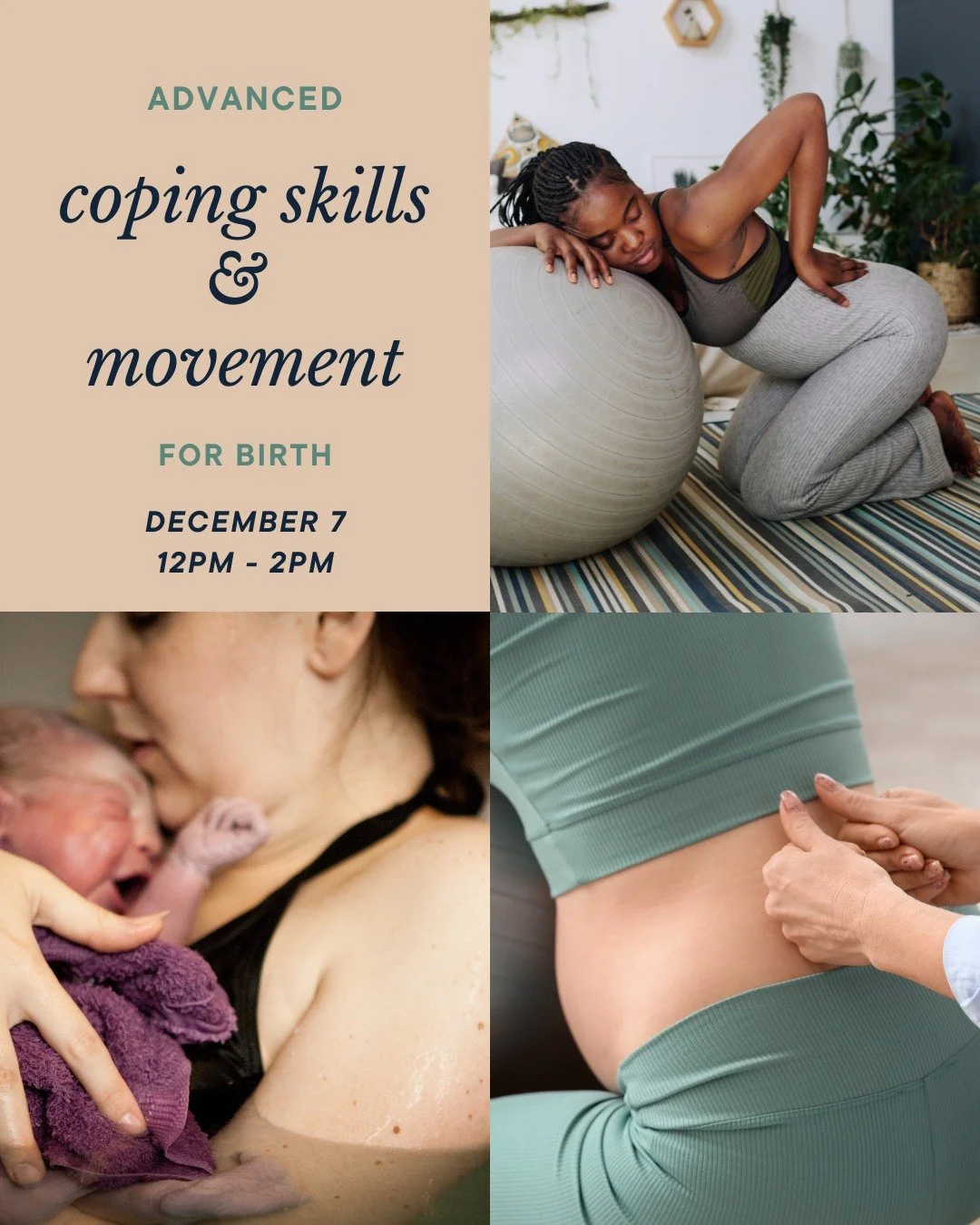 Birth is equal parts mental and physical work. In this 2 hour class, you and your partner/support person will learn amazing coping techniques and movements that can help you during your labor and birth.
We will demonstrate and practice a variety of t
