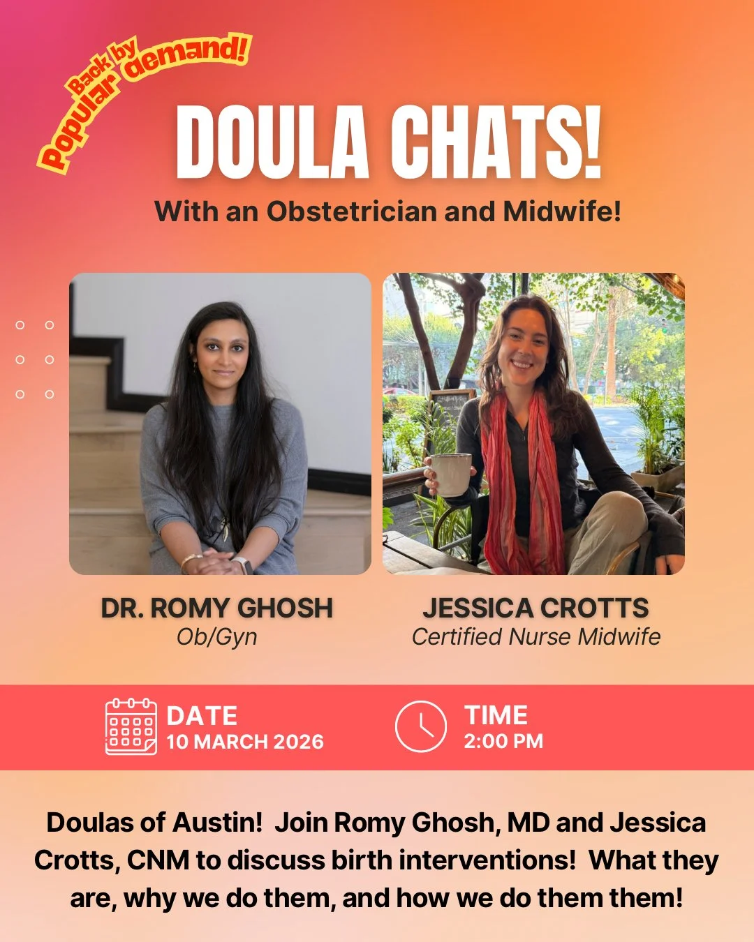 About 1 year ago Dr. Romy Ghosh and Jessica Crotts, CMN came to Austin Doula Care and gave a seminar to a group of doulas about birth interventions.  And now they&rsquo;re coming back!

In this class, you&rsquo;ll take off your doula cap, and put on 