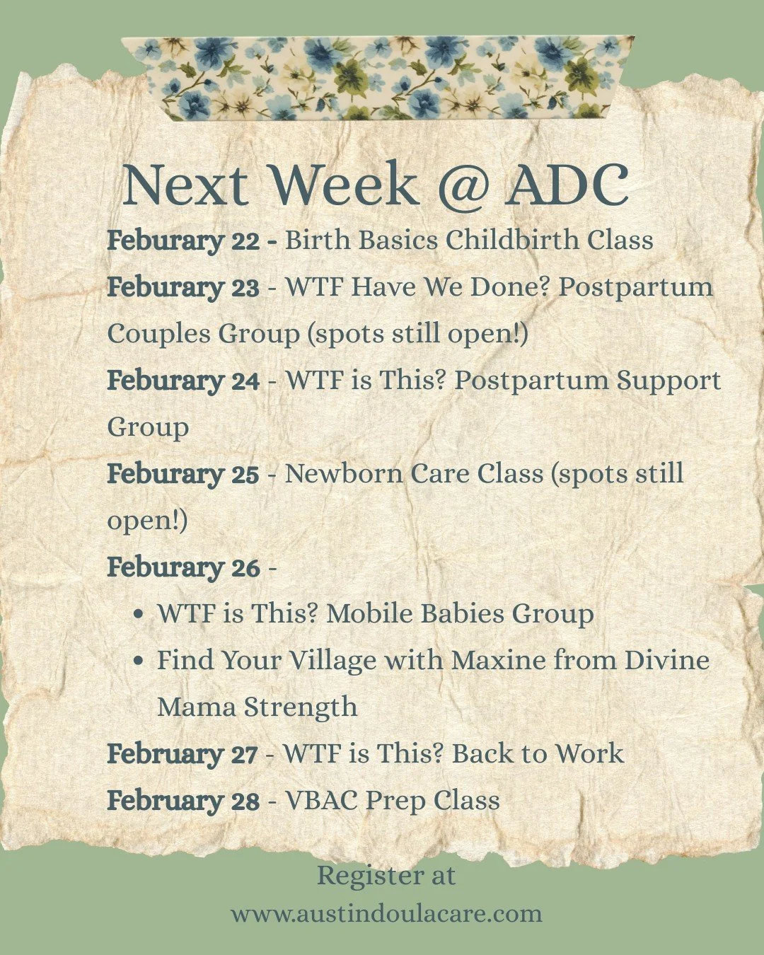 We are closing out February with a bang!!
Beginning on Sunday with our Birth Basics Class and ending the week with VBAC Prep Class!
All of our classes and groups are open to the community, NOT just Austin Doula Care clients. 
Come join us for educati