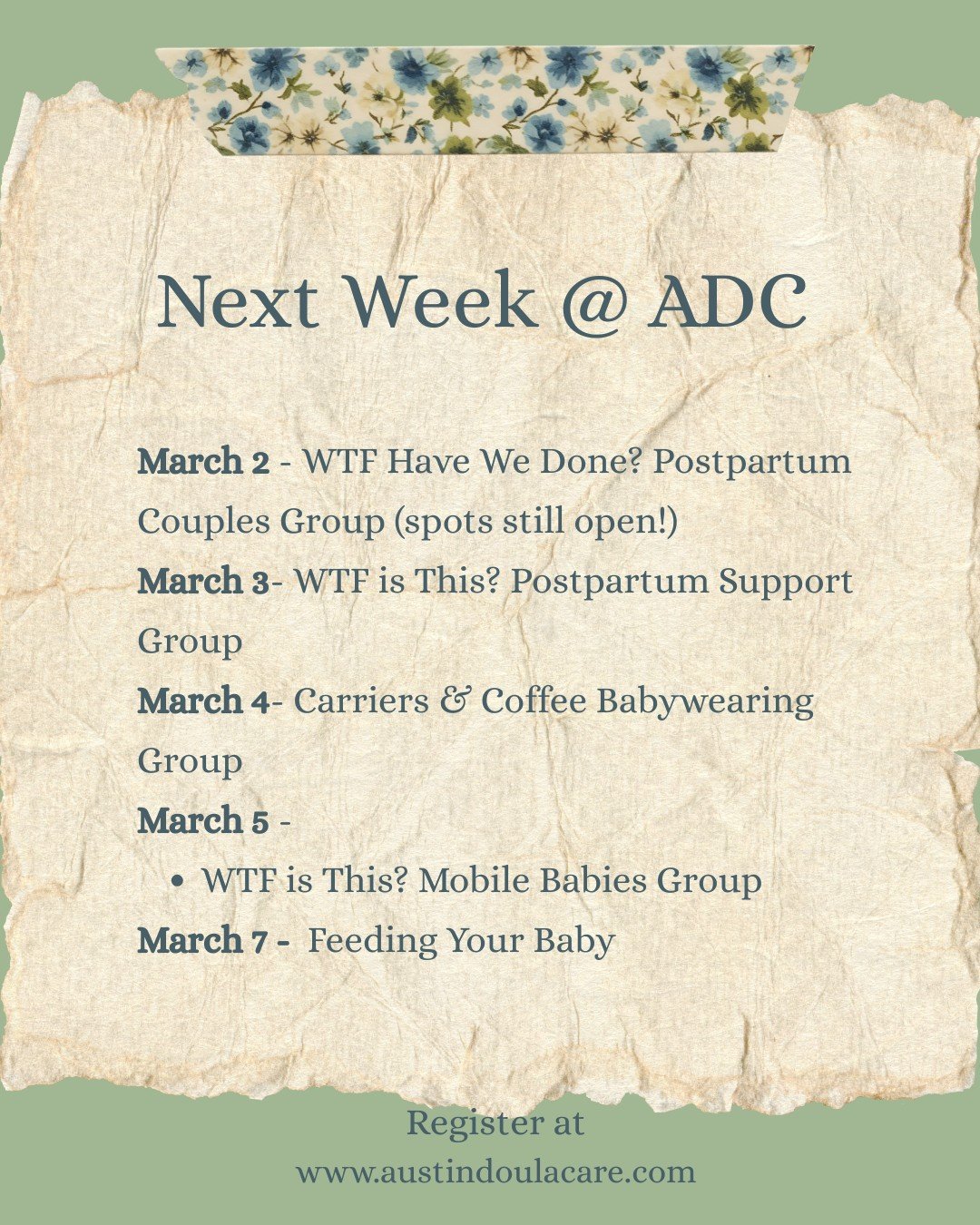 Join us next week for another fabulous week of community, education, and connection!

Our WTF Groups are made to meet you where you are; couples on Mondays, birthing parents in the first year on Tuesdays, and birthing parents with mobile babies and i
