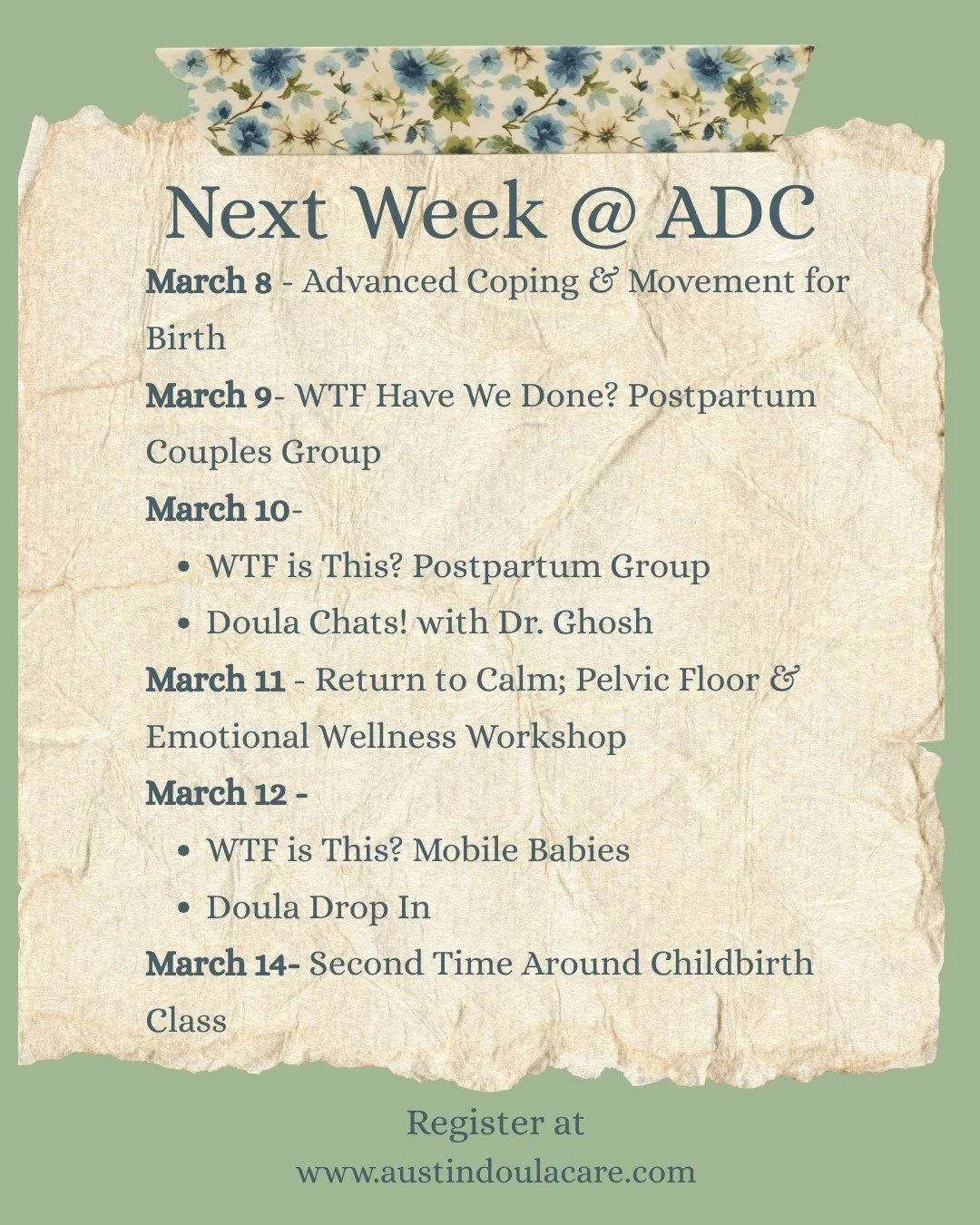 We have a very full and enriching week planned for next week! Start on Sunday with Chelsea in Advanced Coping &amp; Movement for Birth class. This is a great add on to any childbirth class when you want to deepen your comfort and coping skills.
Monda