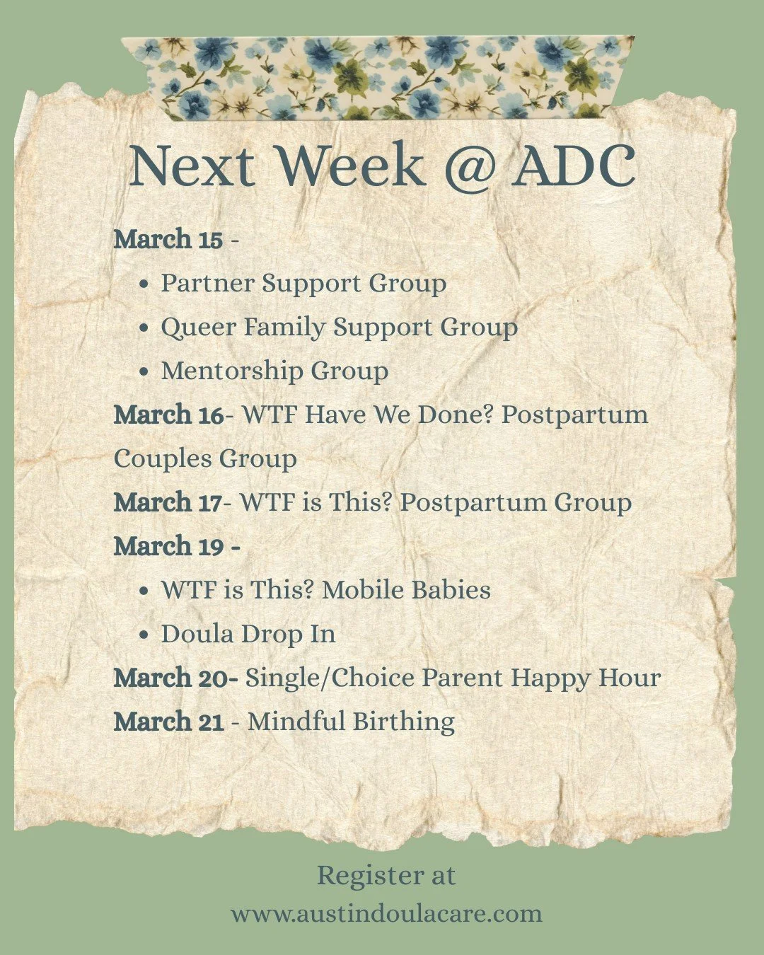 It might be Spring Break week for Austin, but we are still here offering community, support, and connection!
This Sunday is our community day filled with our Partner Support Group (led by a Dad!), Queer Family Support Group (led by two Queer doulas!)