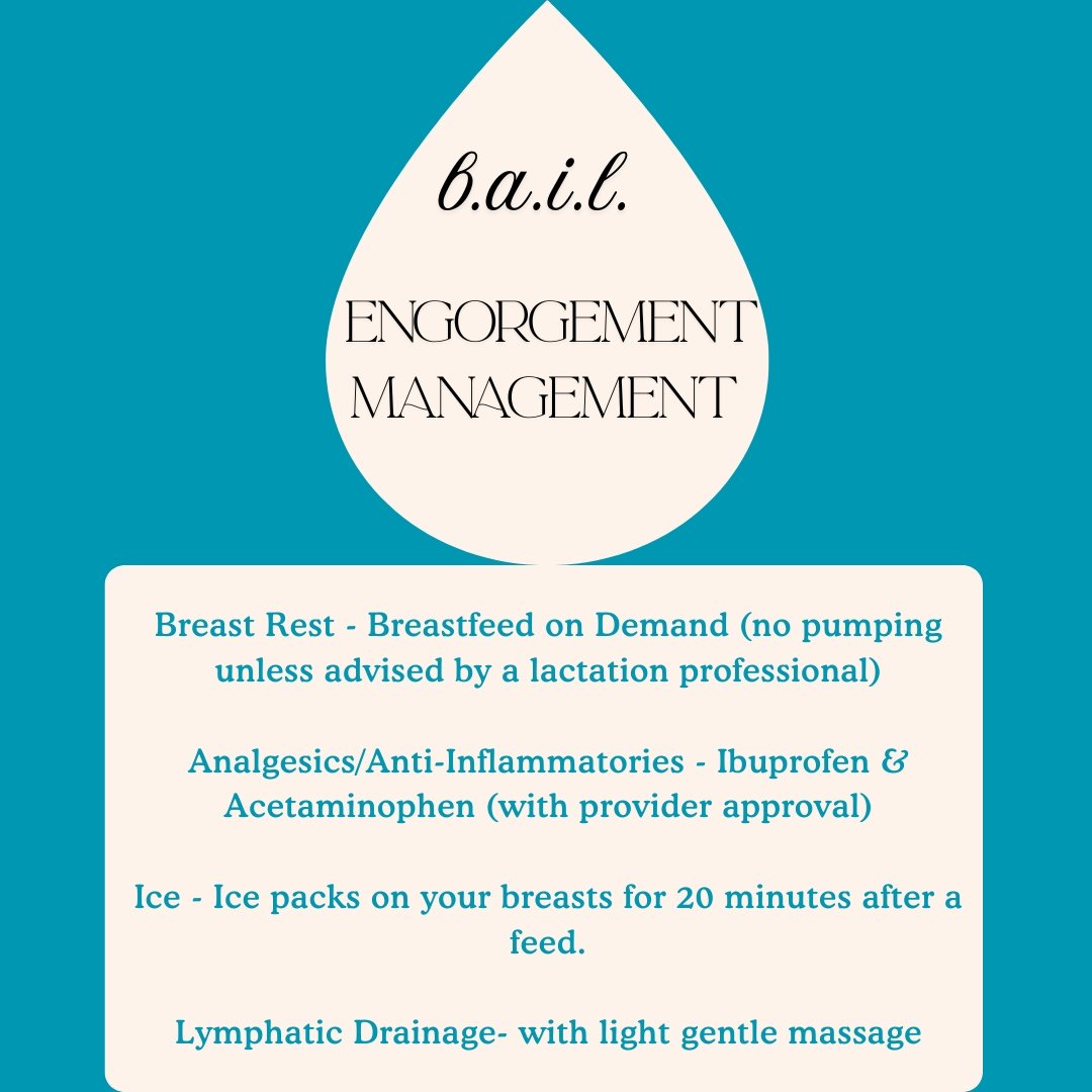 Today's Lactation Tip is all about engorgement management. 

Engorgement is pretty common in the first week of breastfeeding. This occurs when your milk begins to transition from colostrum to mature milk (called transitional milk). The alveoli that h