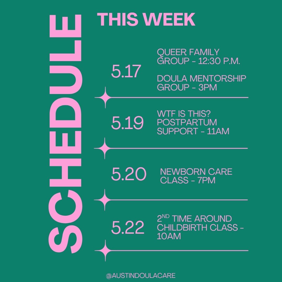 Whether you are pregnant, postpartum, or a doula - we have something for everyone this week!

There are still spots in our Newborn Care class and Second Time Around childbirth refresher class. Register today for all of our offerings through the Class