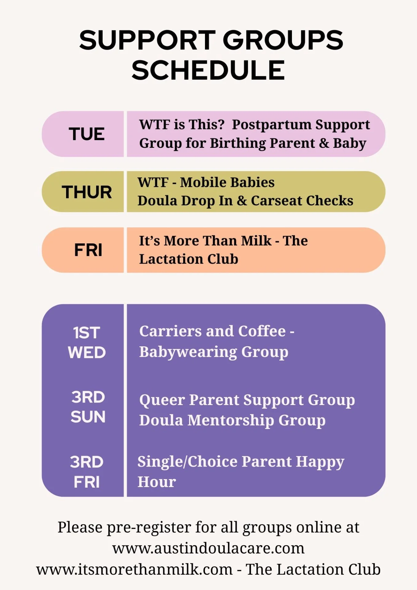 We know one of the most crucial aspects of parenthood is community. We start prenatally with Find Your Village and group classes and then extend to postpartum with our support groups. 
Join us every week for our WTF is This? postpartum series, It's M