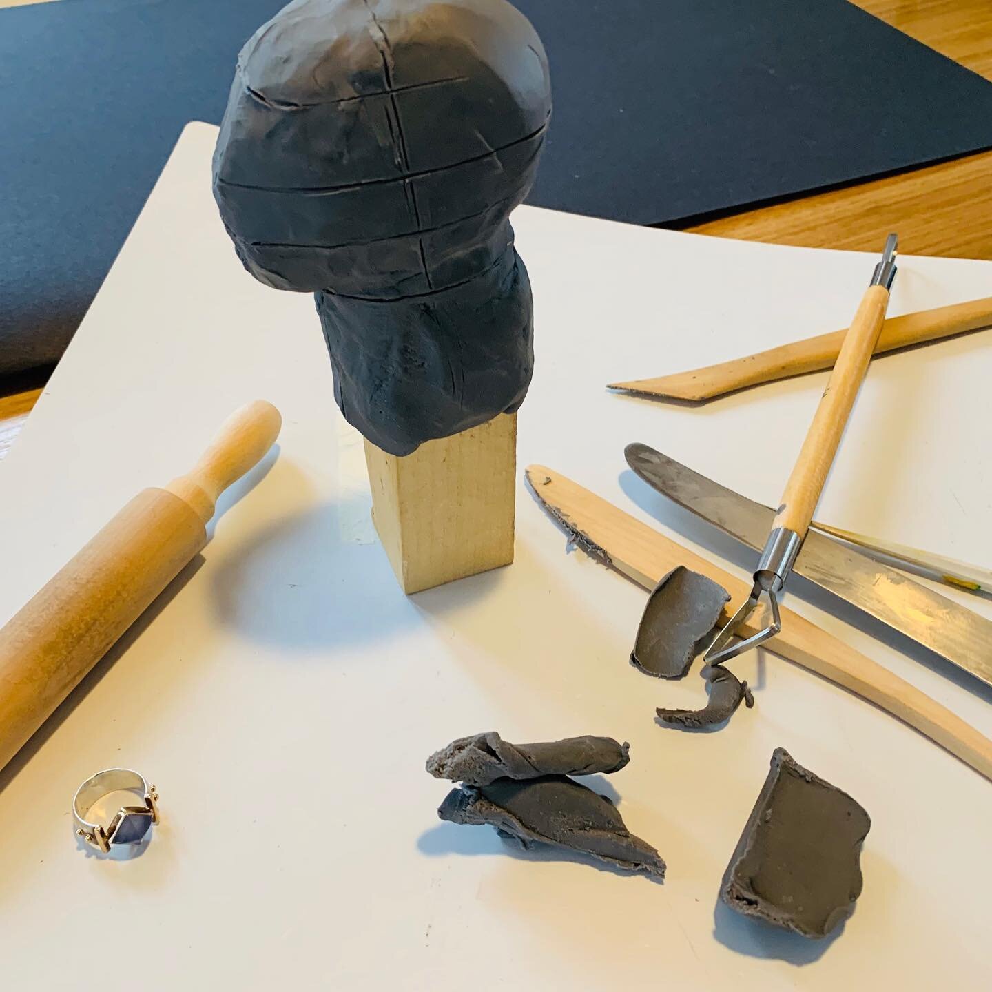 And so , the next creation begins. Time to get back to the sculpting studio. First step: creating a maquette and working out the proportions in plasticine before taking to wood and gouges. 
A human likeness is still far away, but the learning process