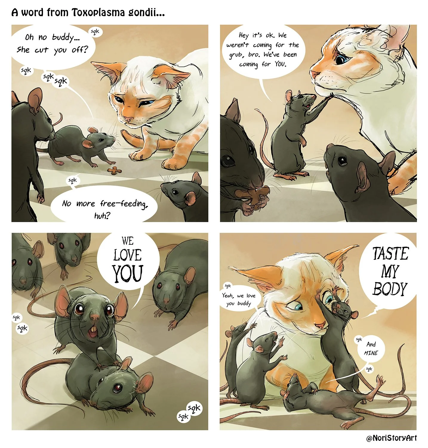 [wide] Slice of Life Comic - Toxoplasmosis is a microbe that makes infected rodents feel attracted to cats