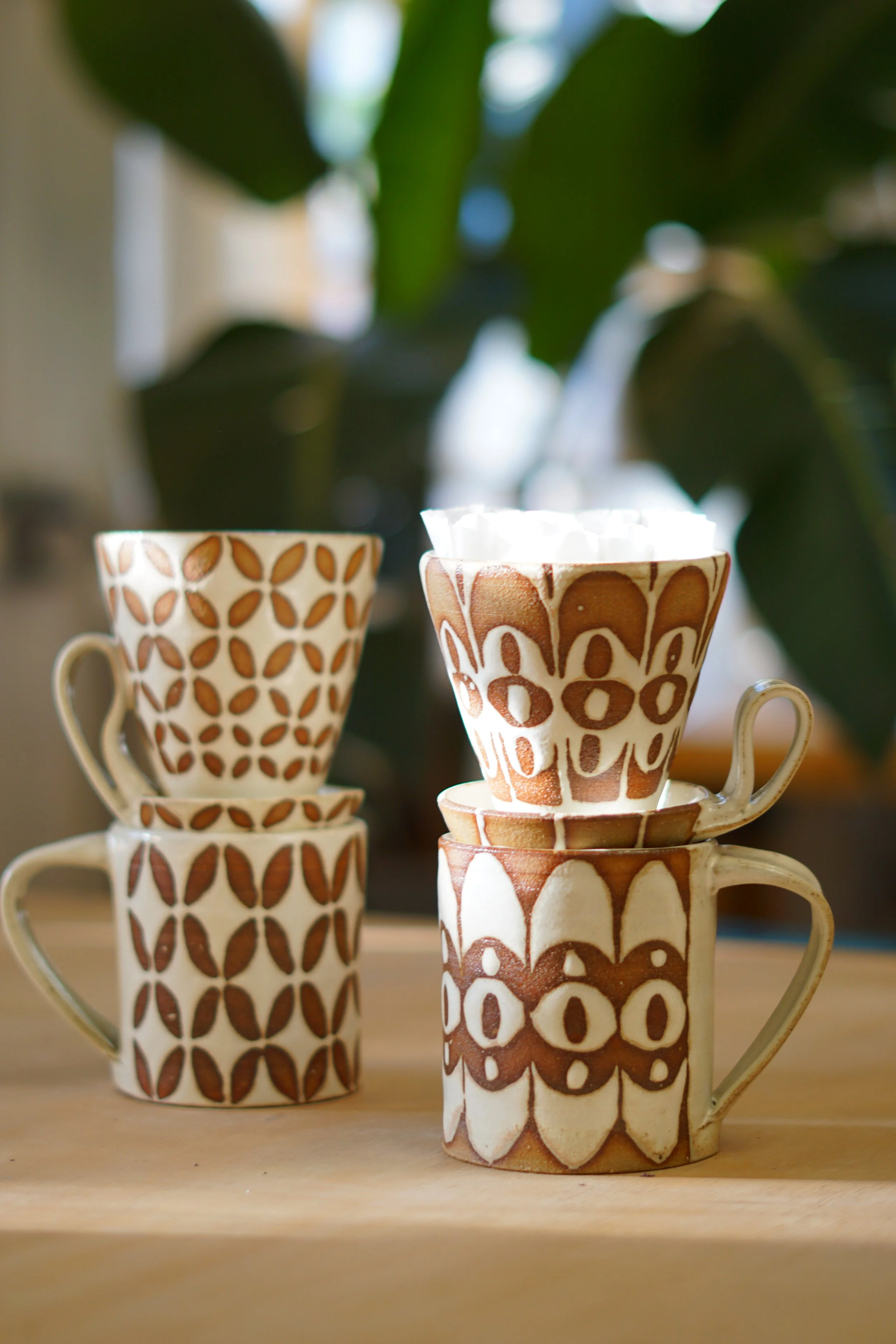  White and Earth tone patterned stoneware ceramic mug and pour-over sets 