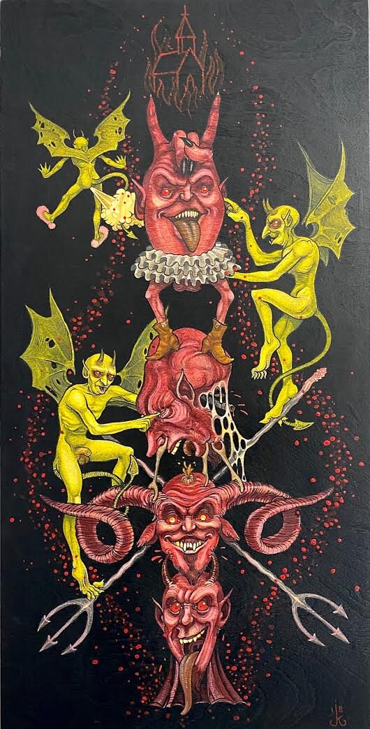  Jef Kopp- 24 x 12; original; acrylic, ballpoint on wood  $450, devil66tail@gmail.com 