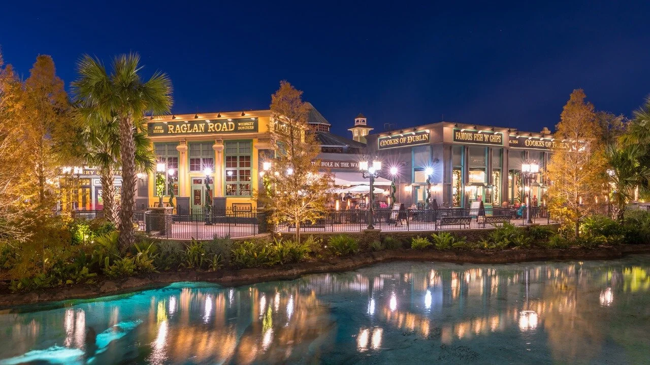 Night time photo of Raglan Road Restaurant and Cookes Fish & Chips