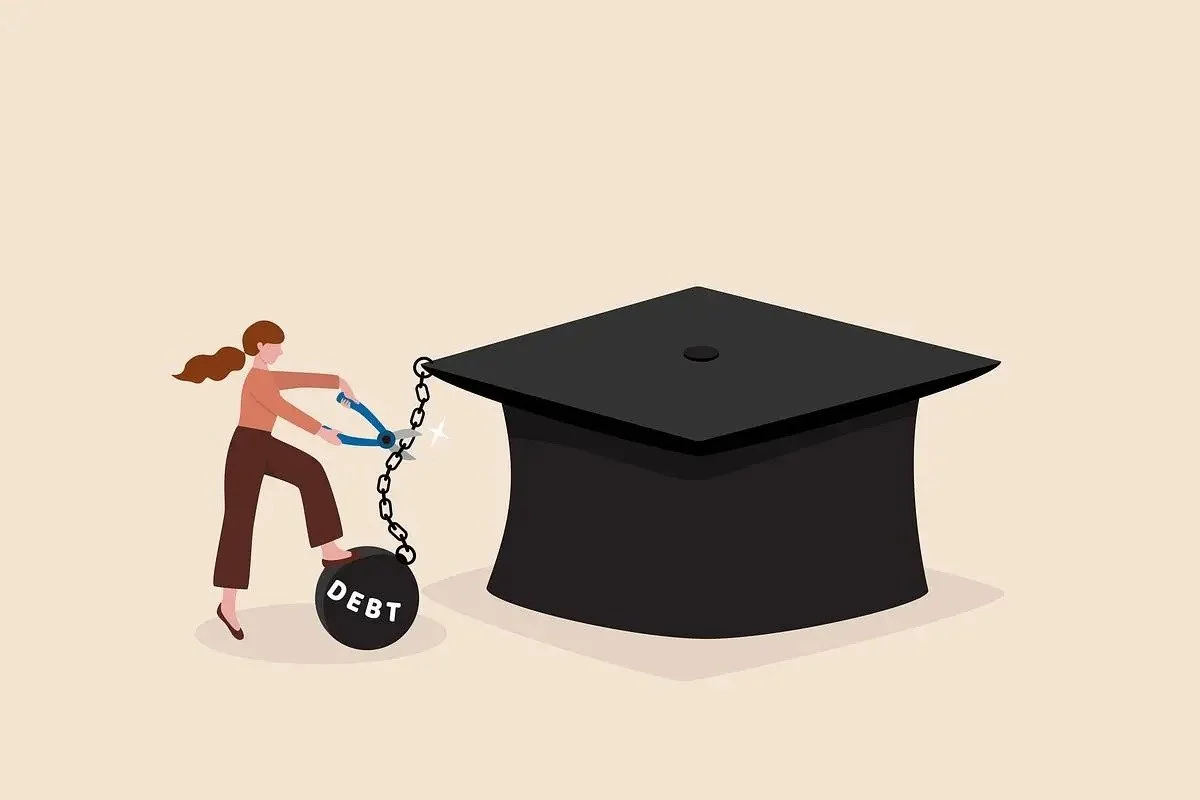 Illustration of a woman pulling a shackle labeled 'DEBT' with a chain attached to a graduation cap, symbolizing student debt burden.