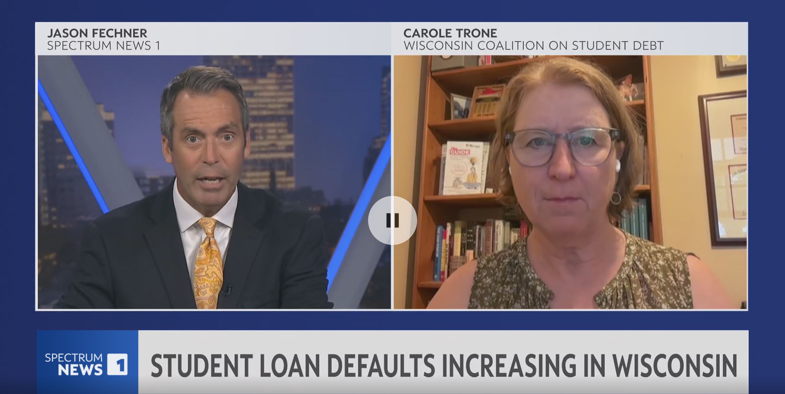 Split screen news broadcast with a male news anchor on the left and Executive Director Carole Trone on the right. The headline reads "STUDENT LOAN DEFAULTS INCREASING IN WISCONSIN."