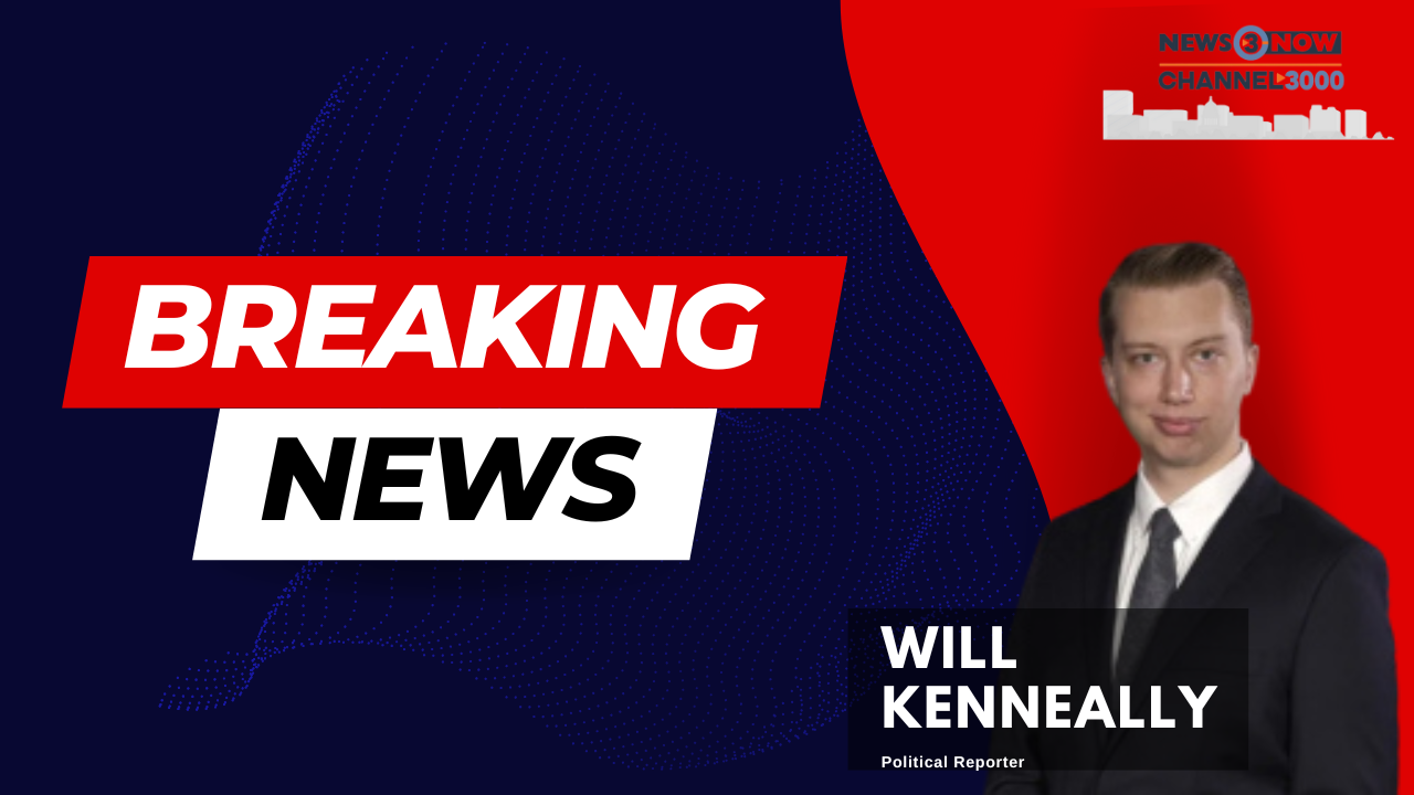 Breaking news graphic with a photo of Will Kennelly, a political reporter, on a red and navy blue background with text and logos.