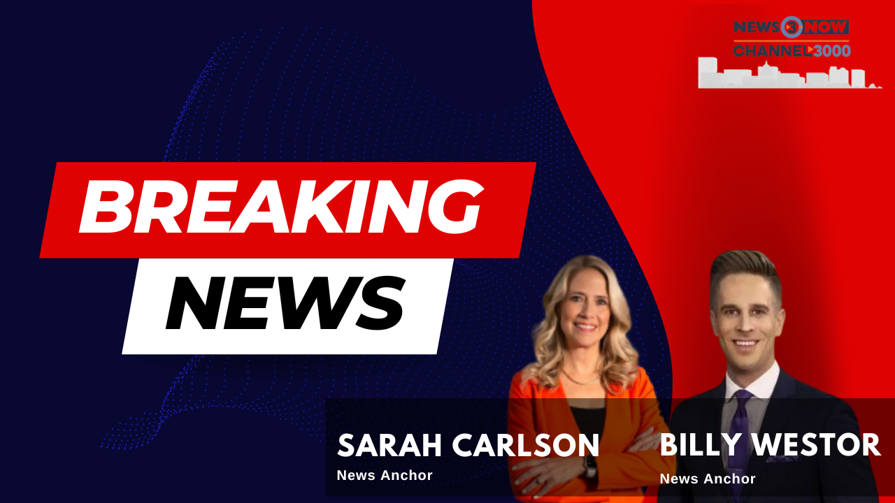 Television news broadcast graphic with 'Breaking News' headline, images of Sarah Carlson and Billy Westor, both labeled as news anchors, on a red, white, and blue background.