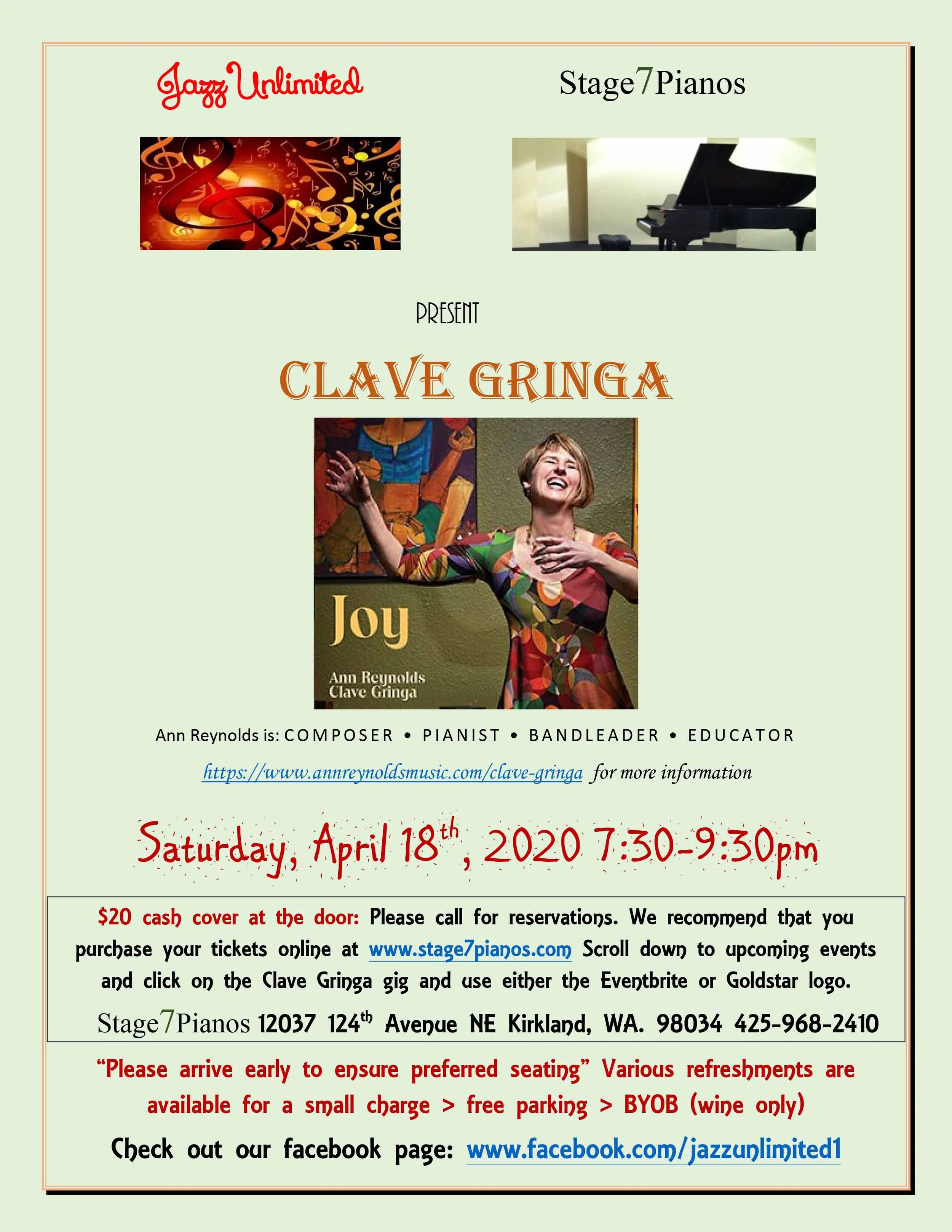 POSTPONED - Jazz Unlimited and Stage7 Pianos presents Clave Gringa