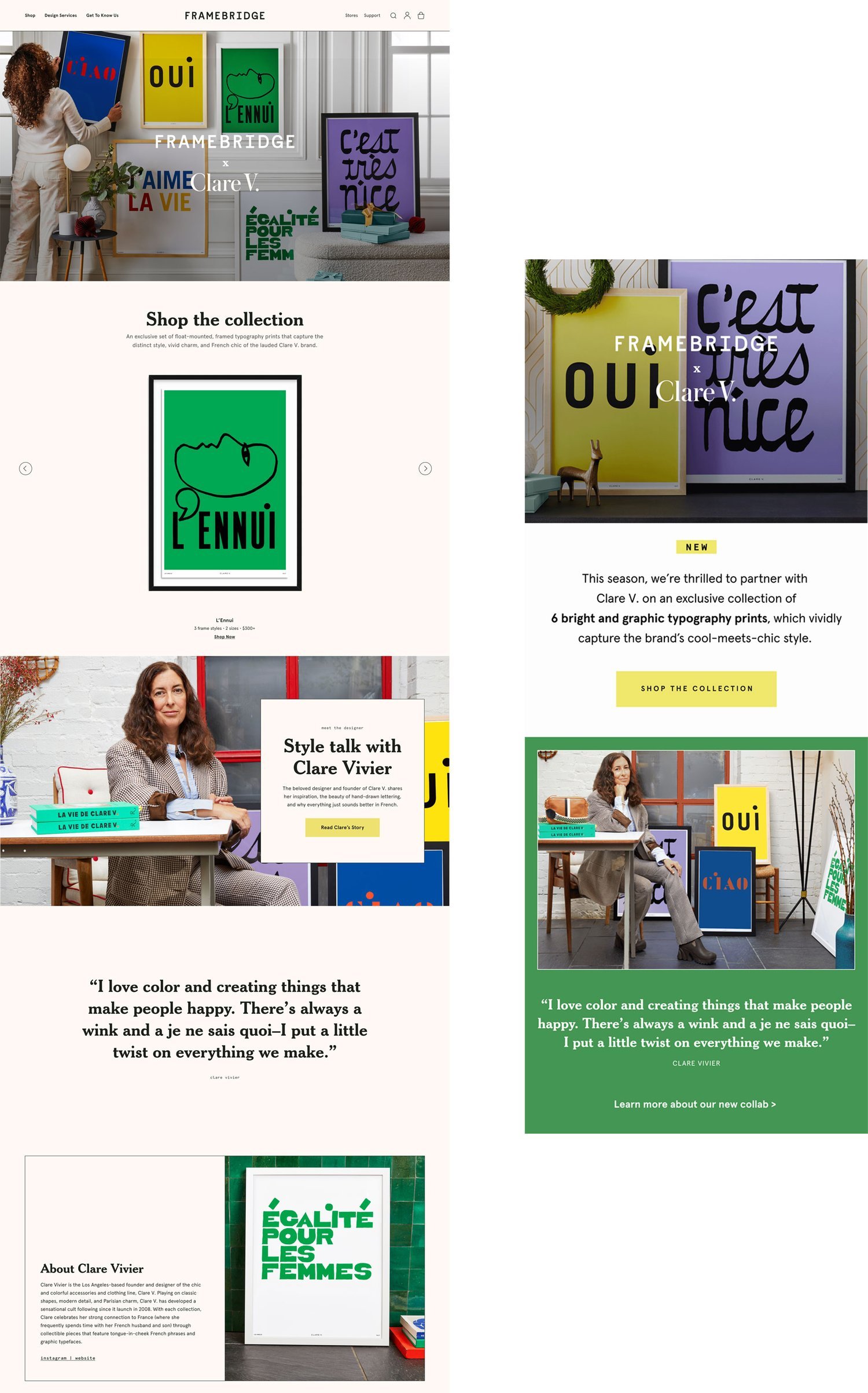 Framebridge x Clare V. Collaboration: Site Launch Page, Launch emails and in-store event emails.