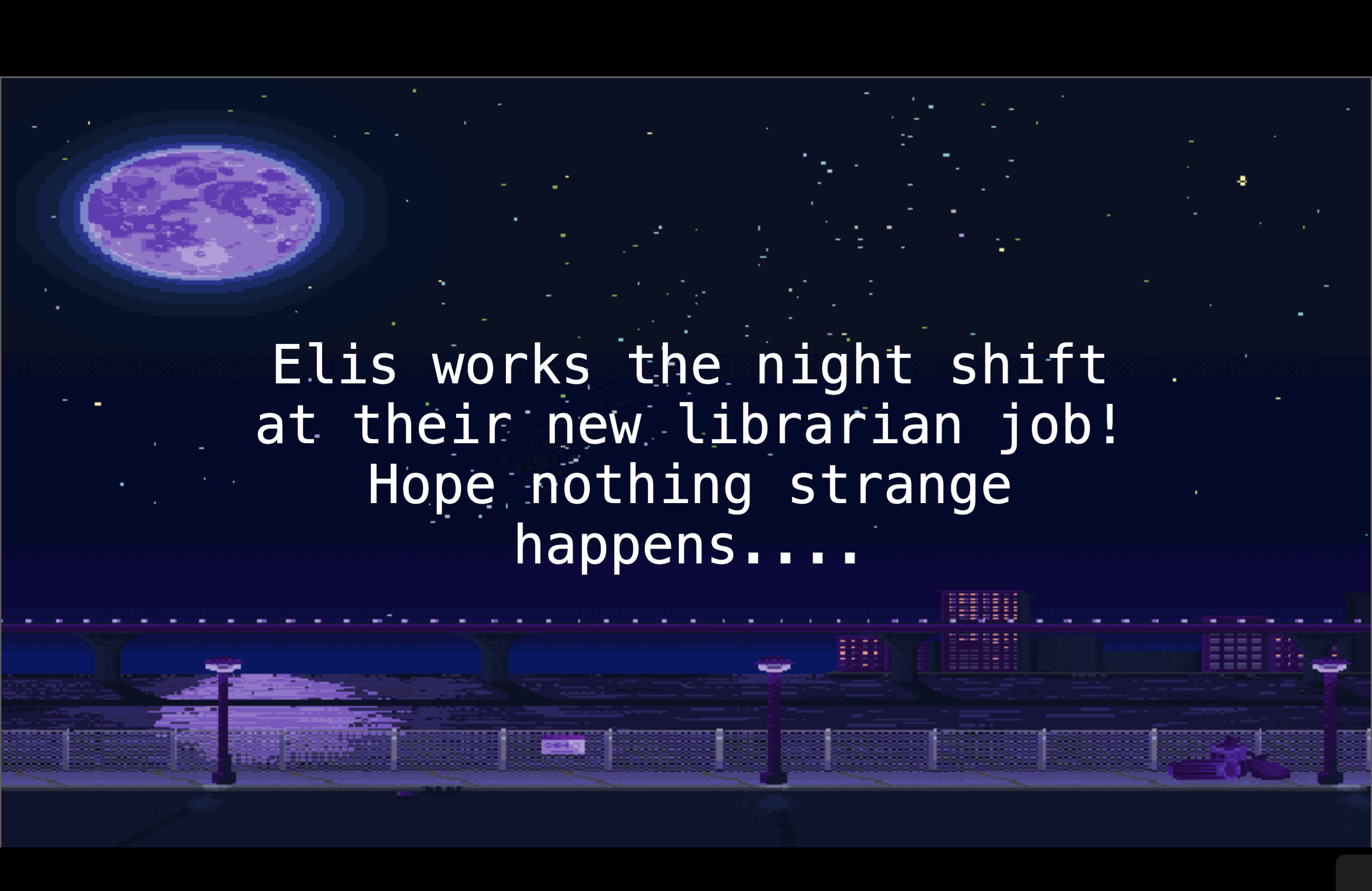  In The Night Shift, Elis works the night shift at the library. They soon get trapped inside and have to find their way out by completing puzzles and getting through obstacles.   https://girlsmakegames.itch.io/the-night-shift  