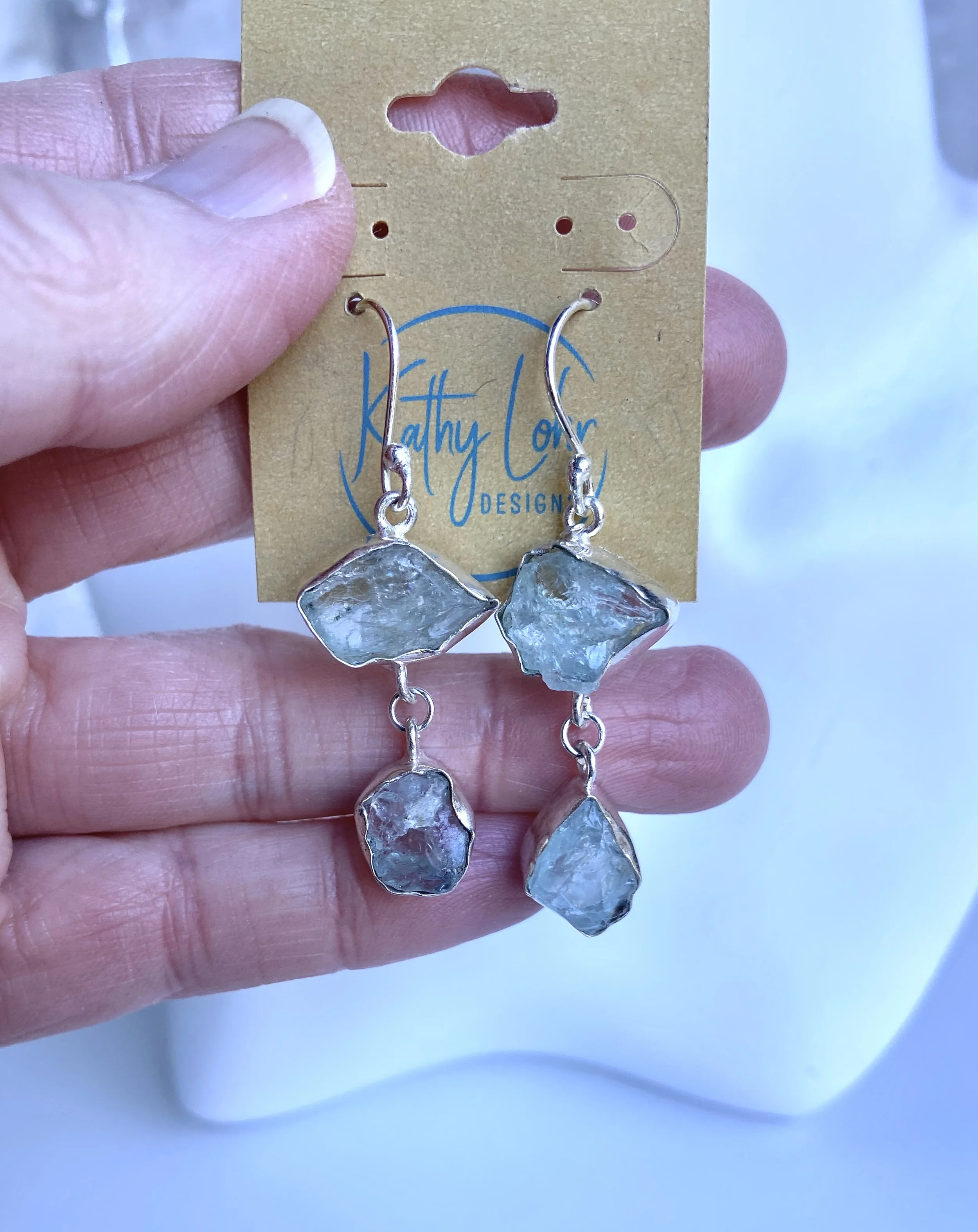 Aquamarine Raw Earrings #2, Raw Aquamarine Drops - Sterling Silver