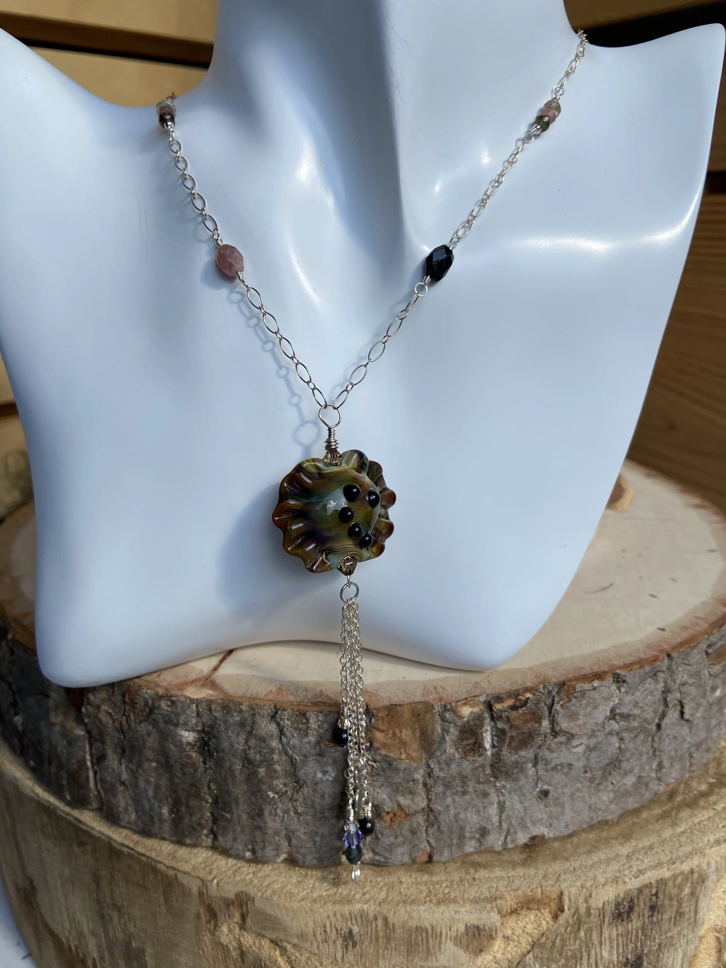 Handblown Glass Shell and Gemstone Drop Necklace