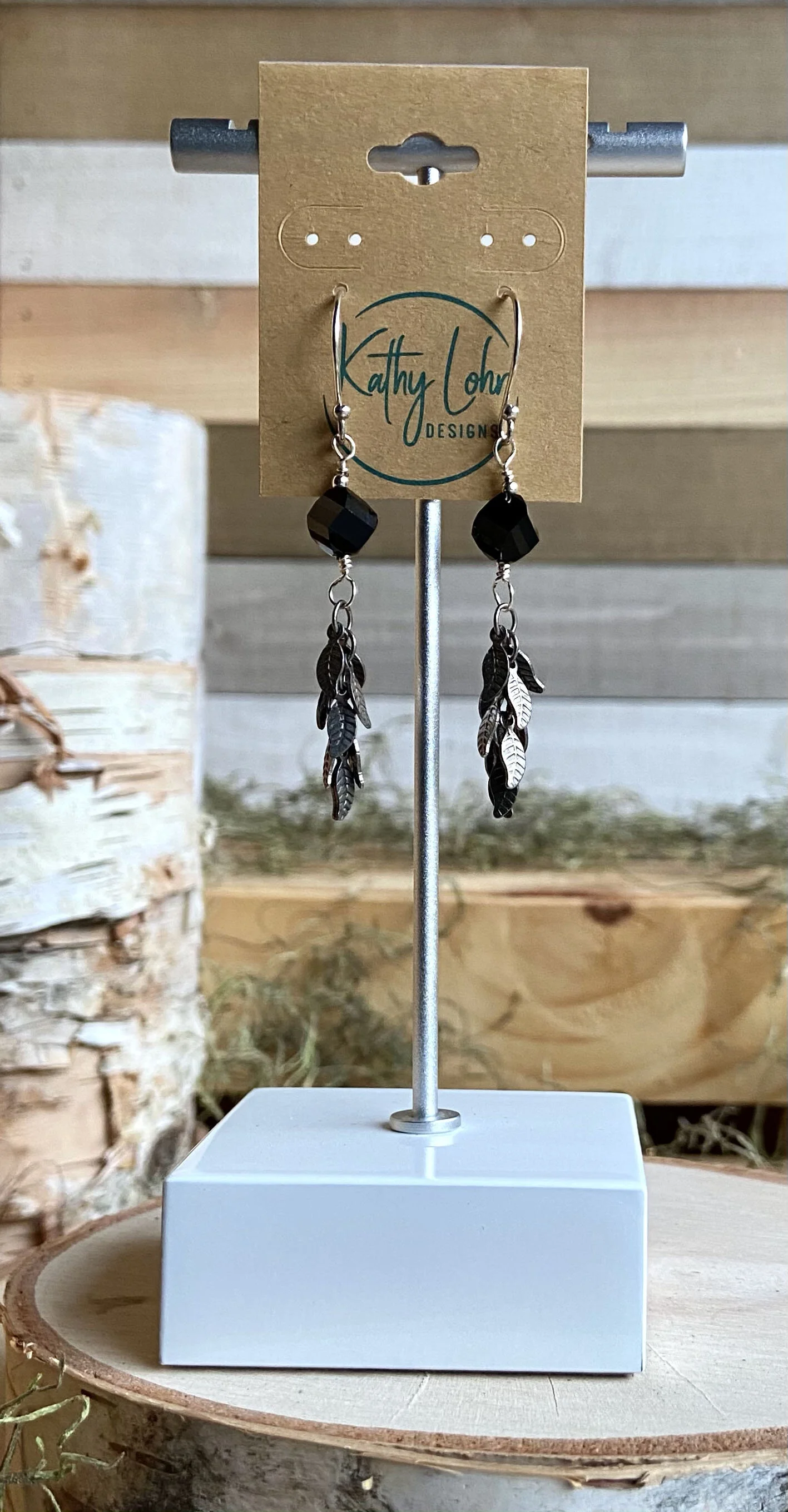 Onyx Black and Silver Leaves Earrings
