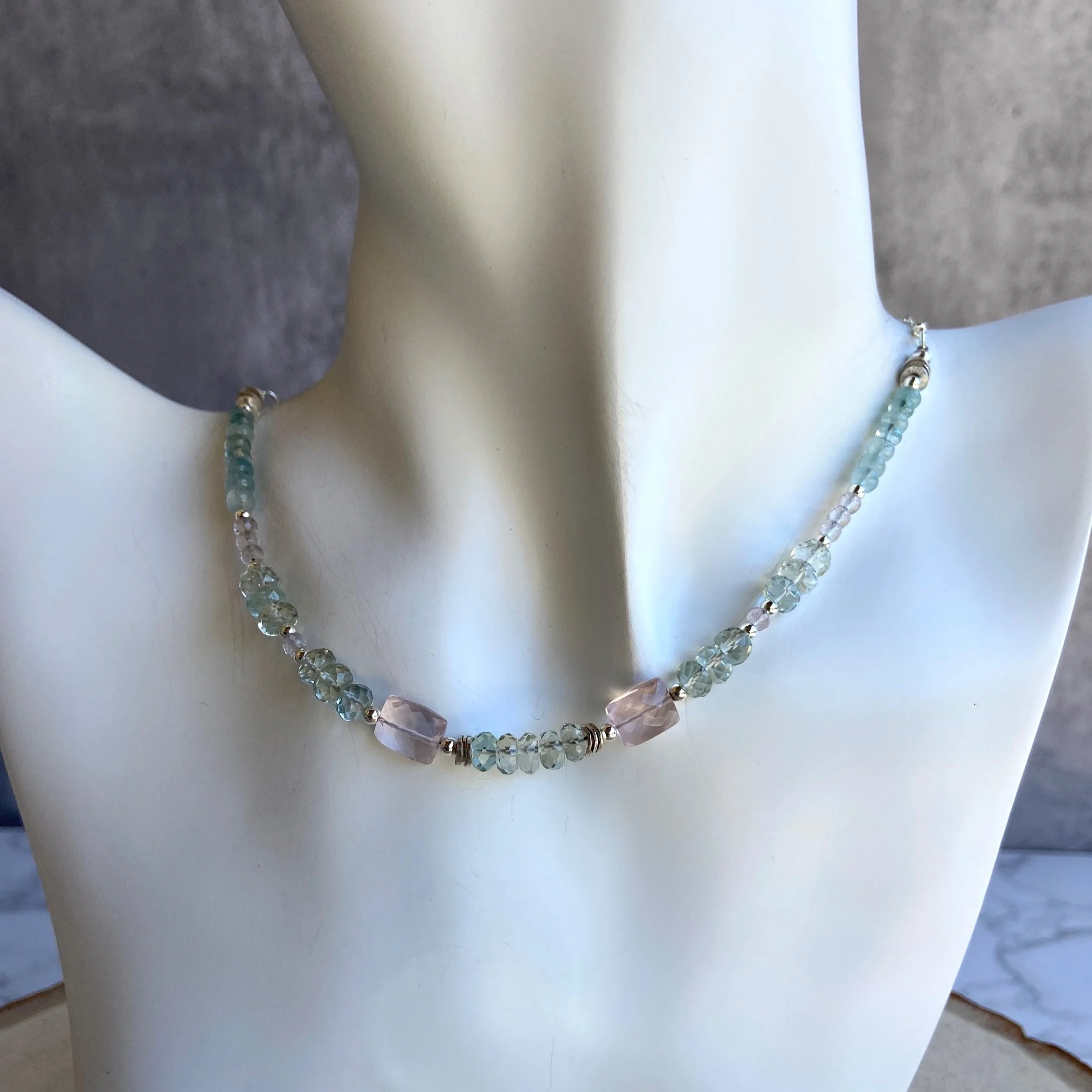 Aquamarine and Rose Quartz Shimmering Necklace