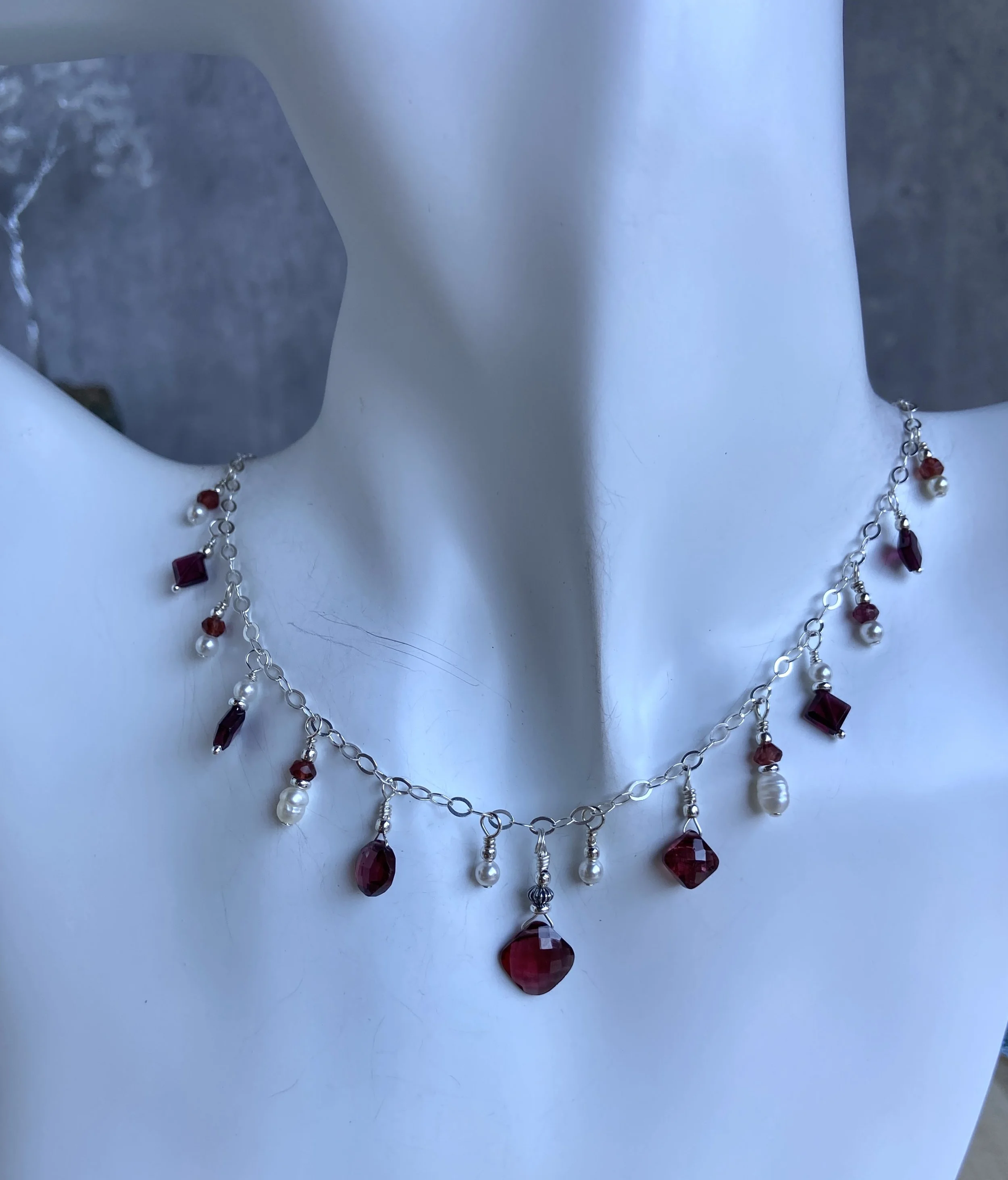Garnet and Pearl Necklace - Sterling Silver