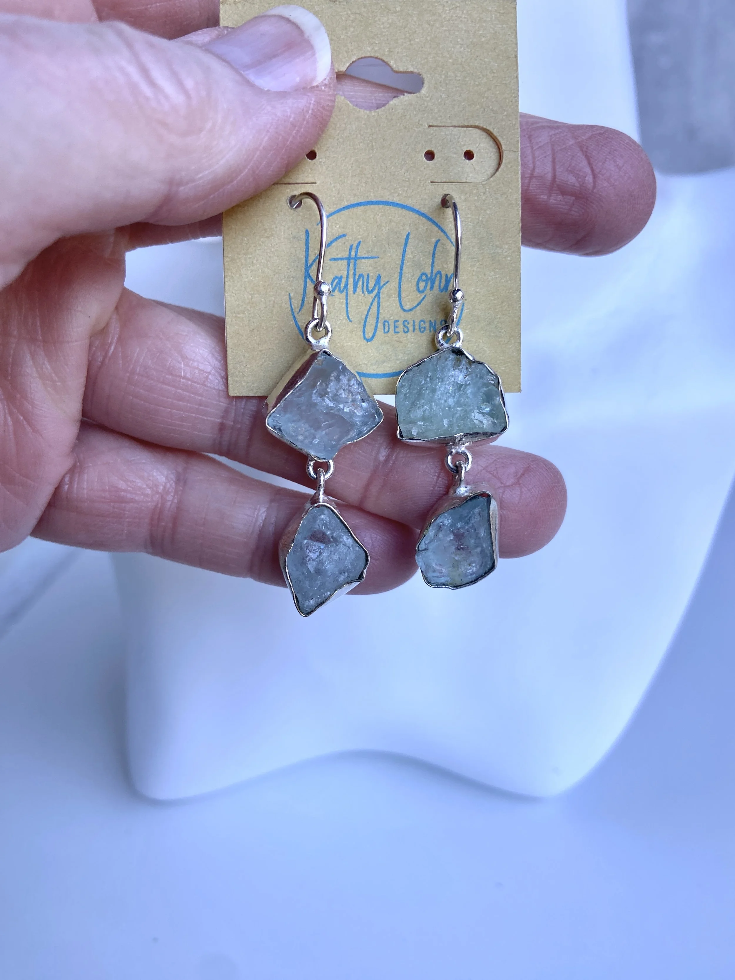 Aquamarine Raw Earrings #3, Raw Aquamarine Drops - Sterling Silver