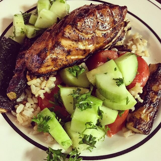 Orange-soy glazed salmon, grilled zucchini, brown rice and cucumber tomato salad #foodporn #homecooking #stayhome #staysafe #stayhealthy