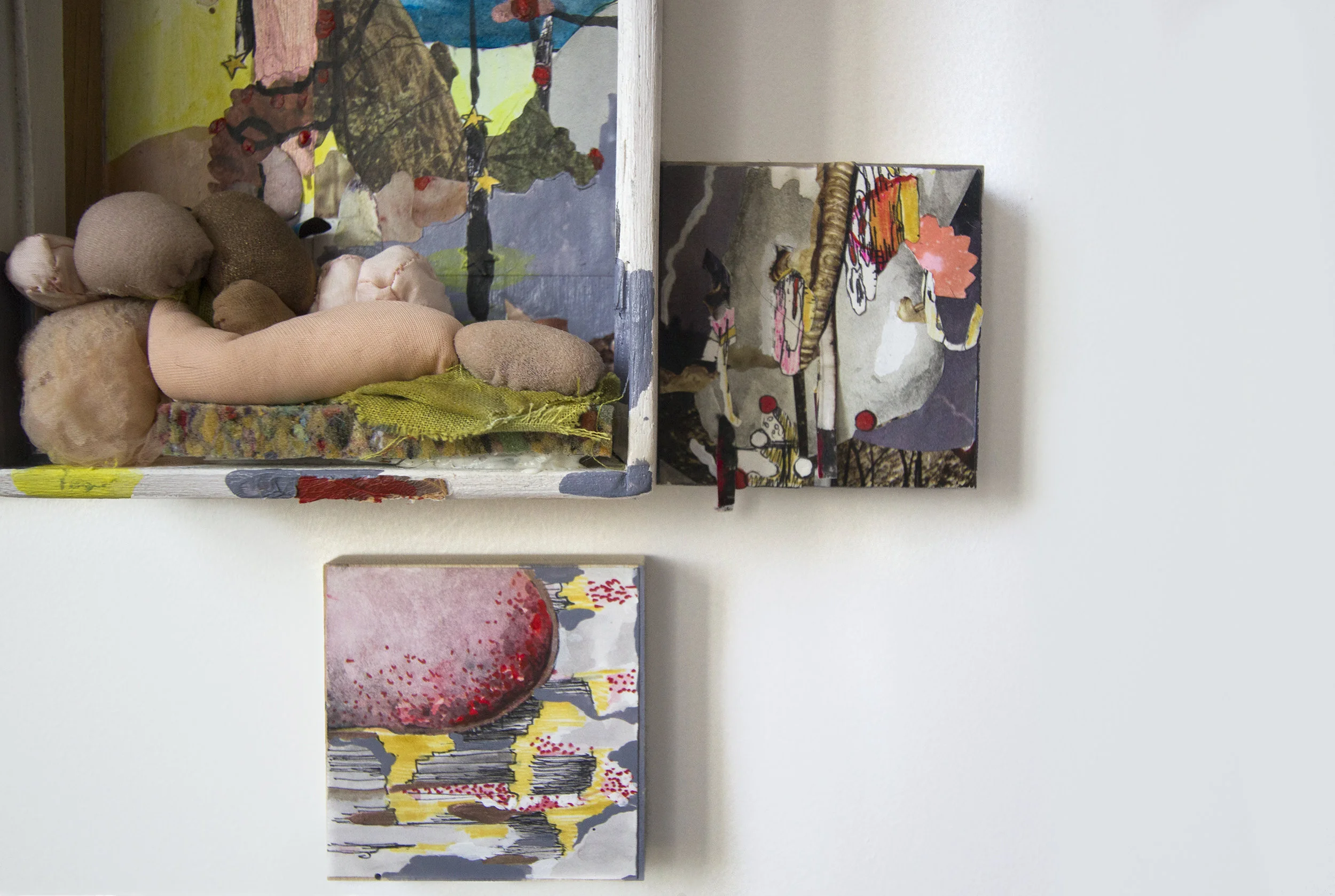 Constructed Landscape (Detail), 2013, collage, watercolor, acrylic, ink, pen, nail polish, fabric, UV glaze, wood box, panels, 18 x 12 x 2 ¼”