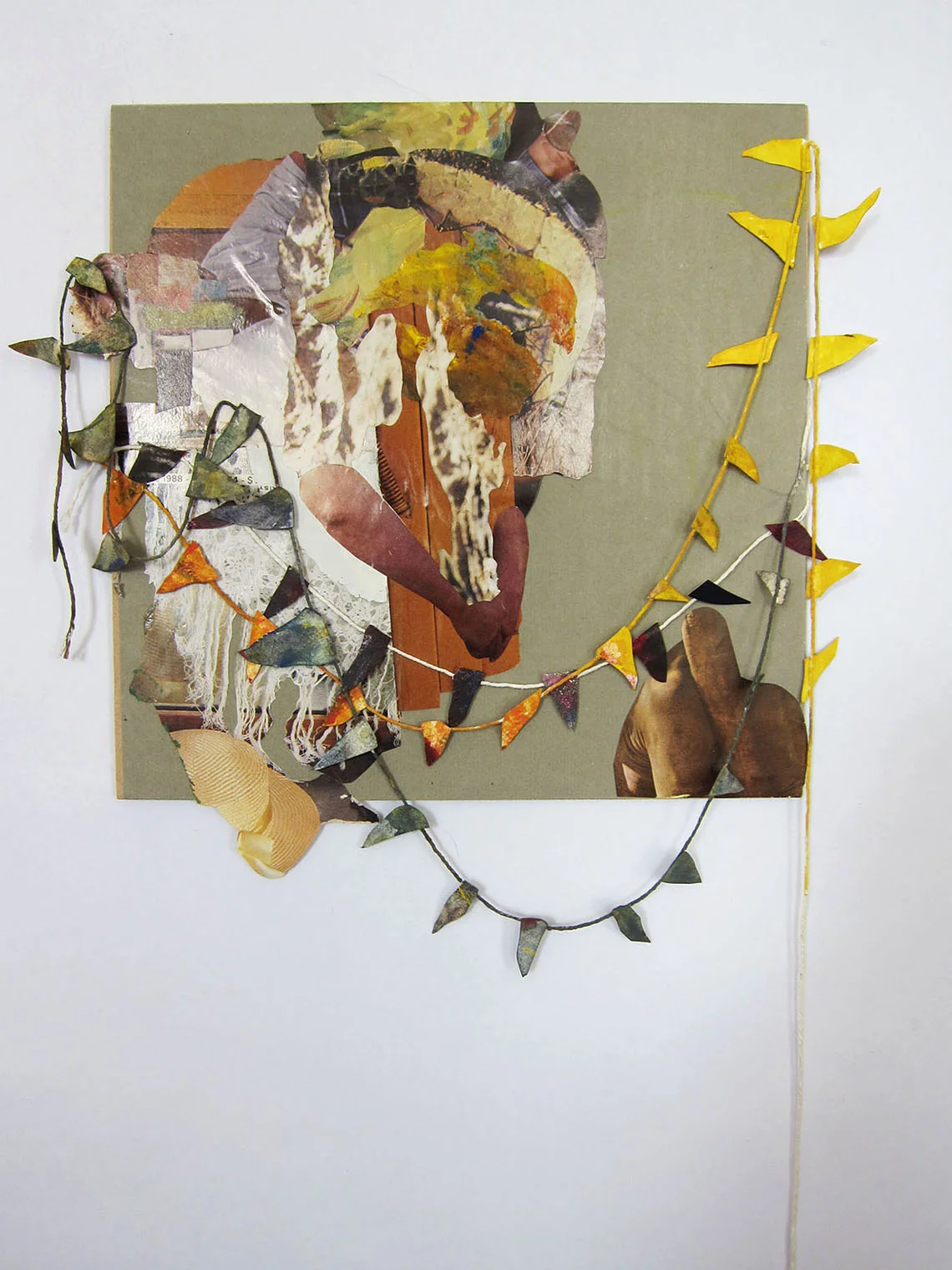 Never/Forever #10 2012 Collage, string, painted paper, UV glaze, hardboard panel 32 x 9 ½”