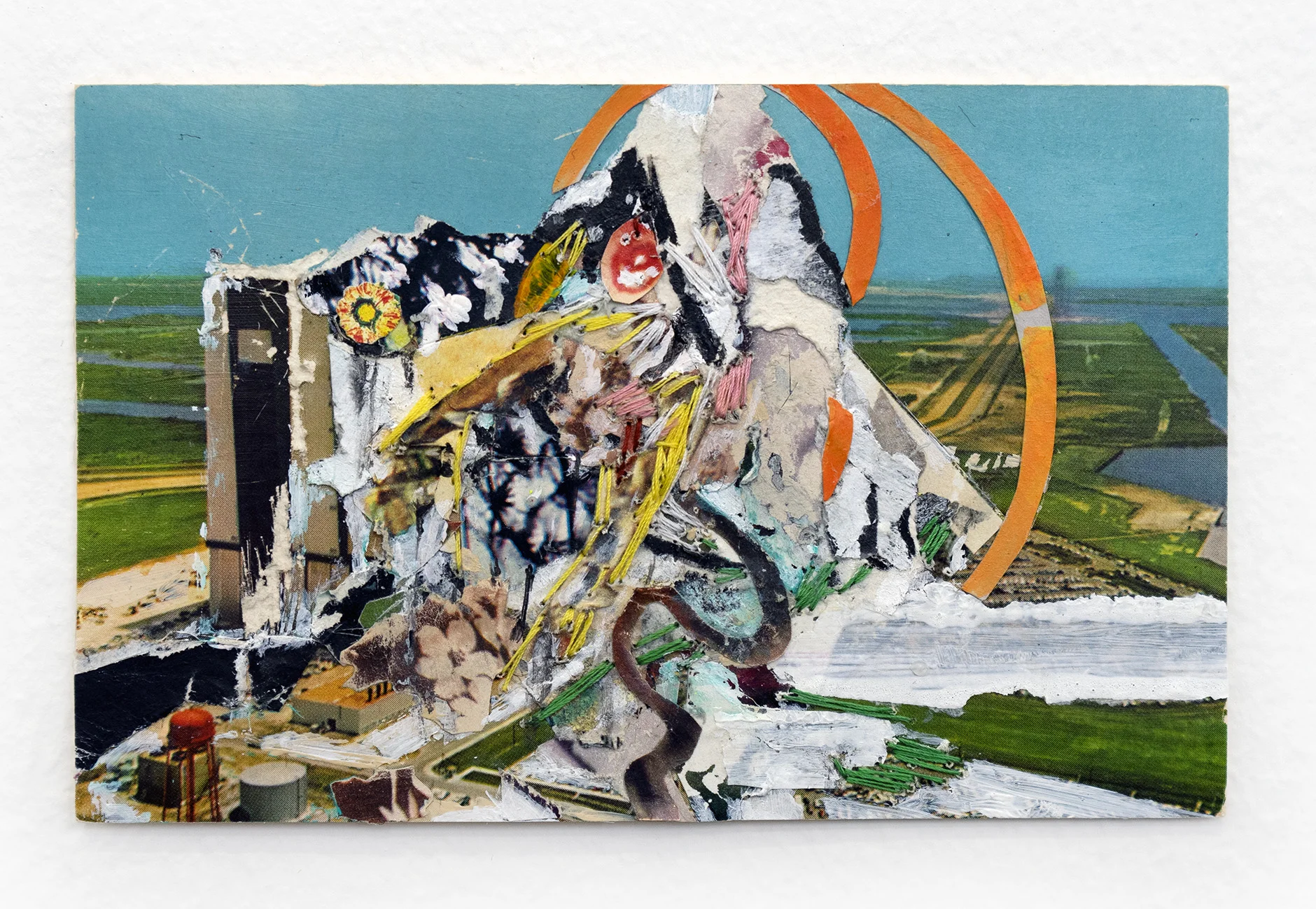 Radiating Pile (sold) 2018 Collage on vintage postcard, UV glaze 3 1/2 x 5 1/2"