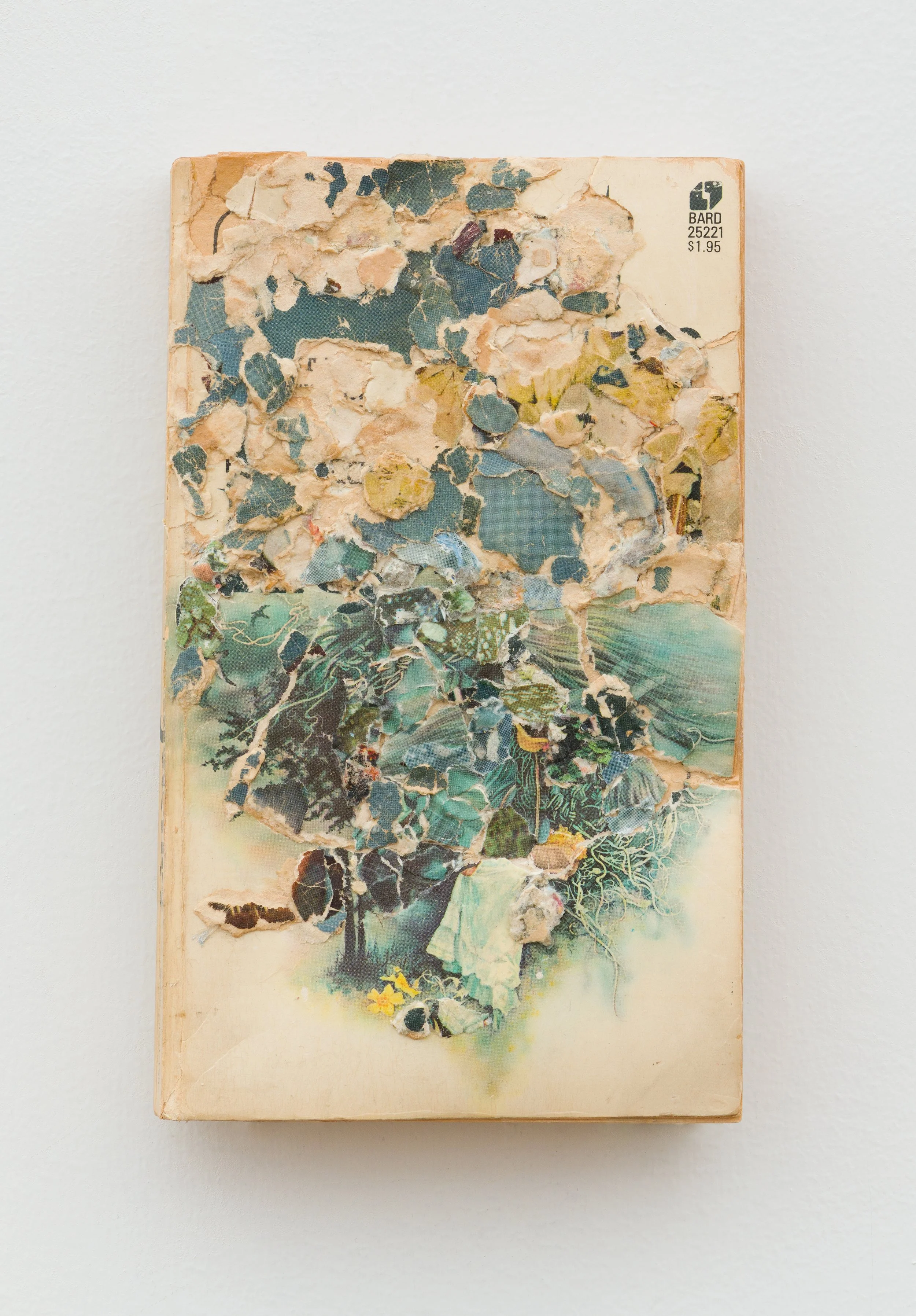 Mysteries , 2023, Collage/decollage on vintage paperback book, 7 x 4.25 x .75”