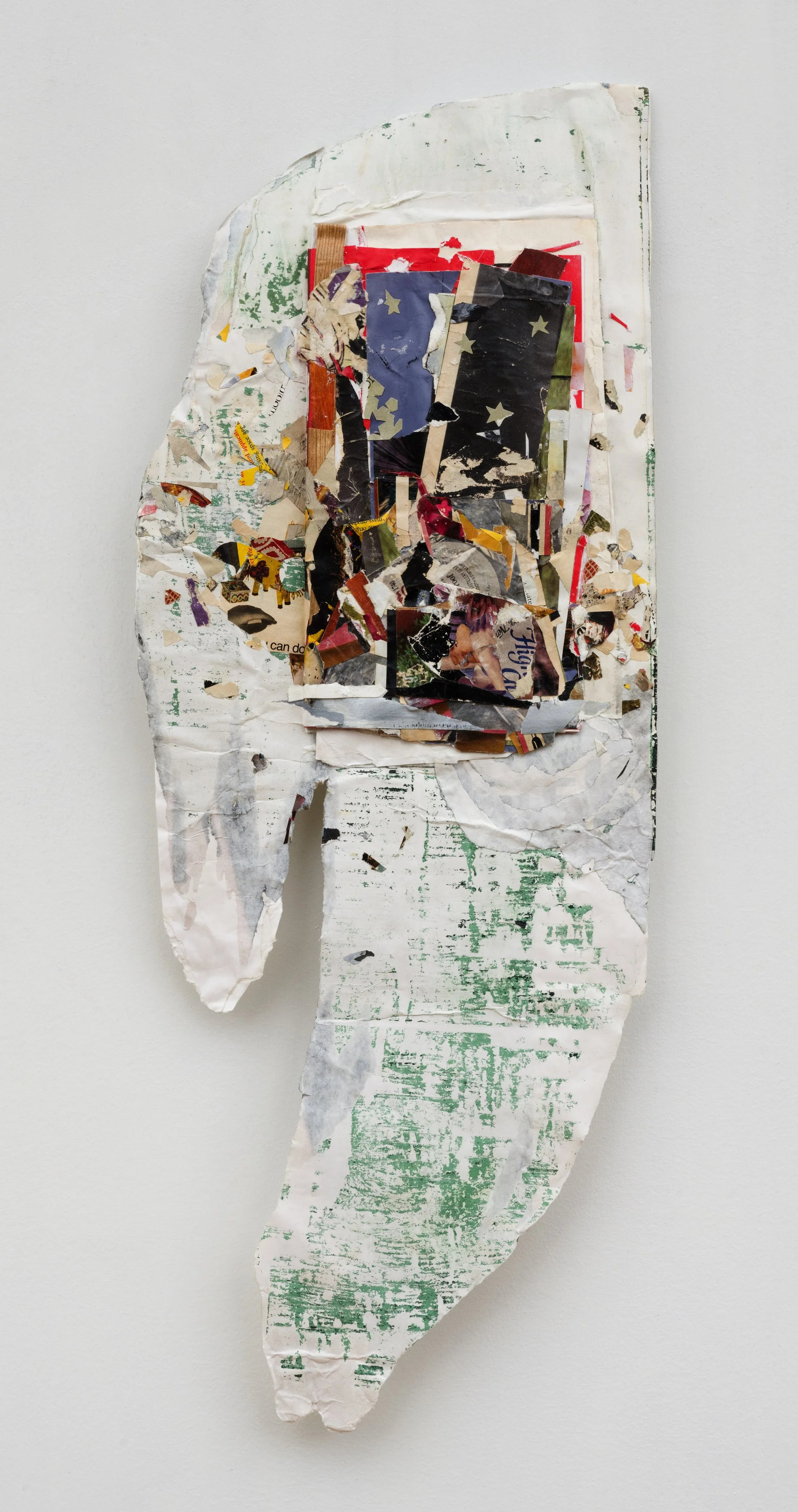 Never Forget , 2016, Mixed-media collage, layered paper, found paper fragment, 26 x 10 x .75"