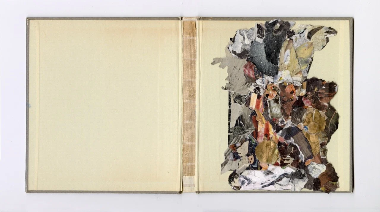 The Beginning of the End, 2025, Collage/decollage on book board, 7 x 13"