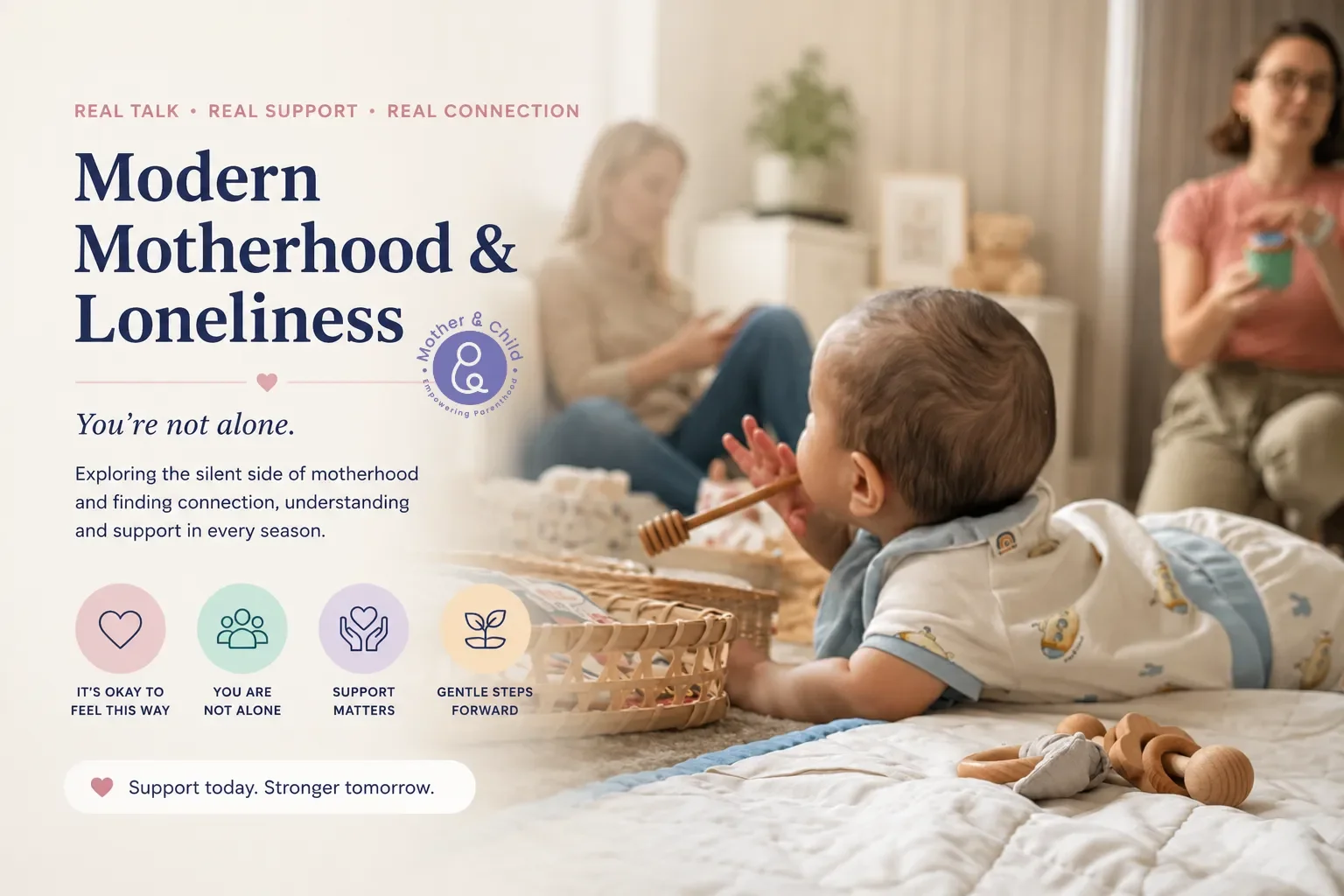 Mother and baby at a parent support gathering in Singapore, illustrating modern motherhood, loneliness, emotional wellbeing, and the importance of community support for new parents.
