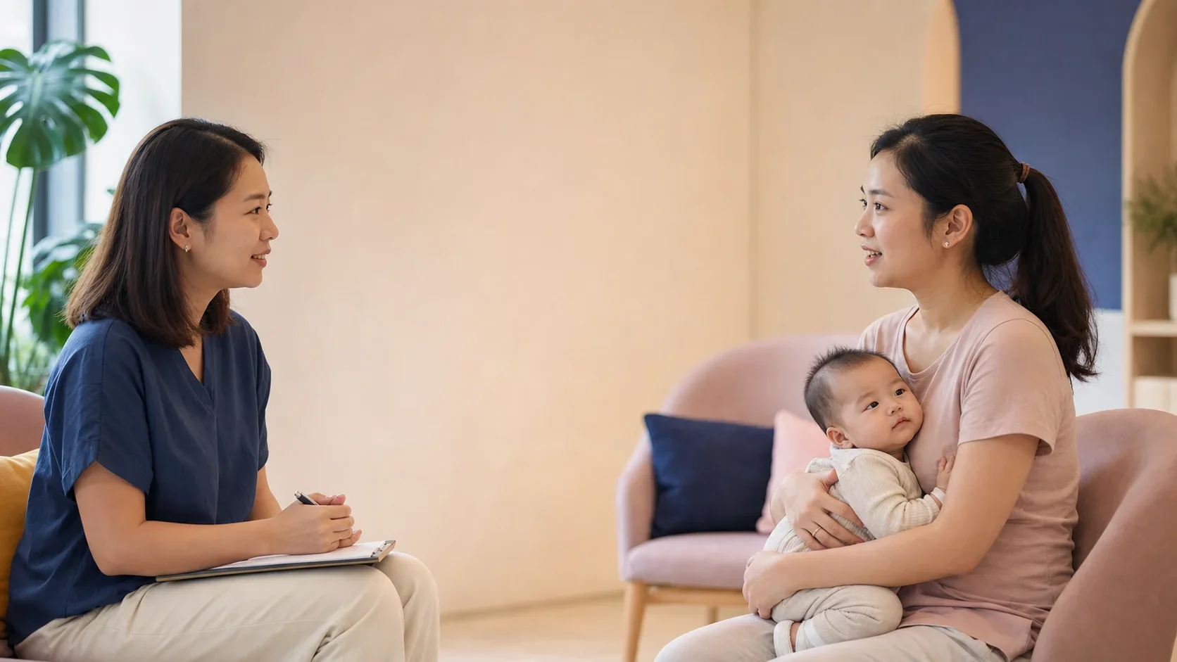A woman holding a baby and talking to a therapist in a counseling session.
