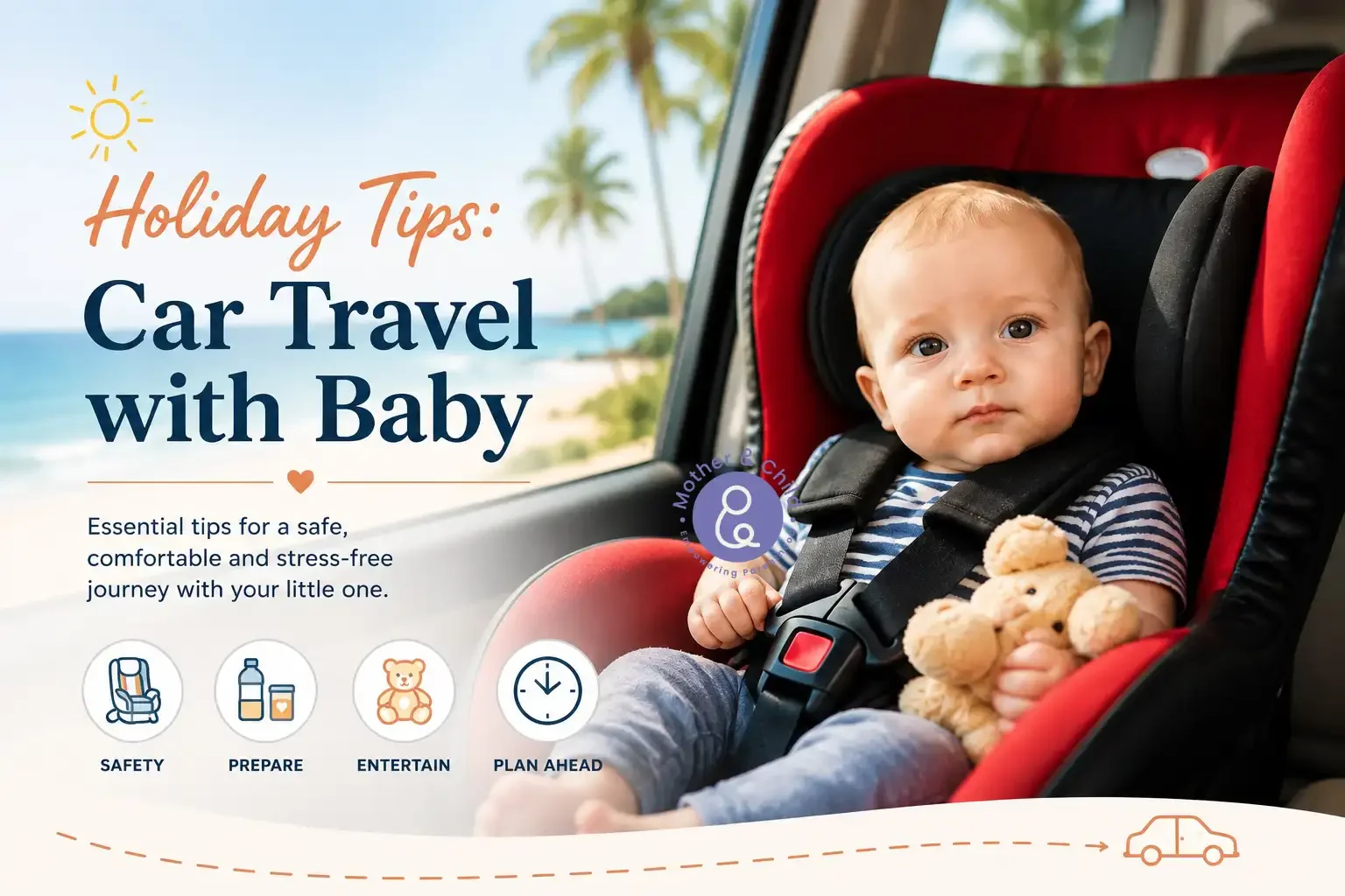 Baby safely secured in a rear-facing car seat during a family holiday road trip, highlighting essential car travel safety tips for parents in Singapore.