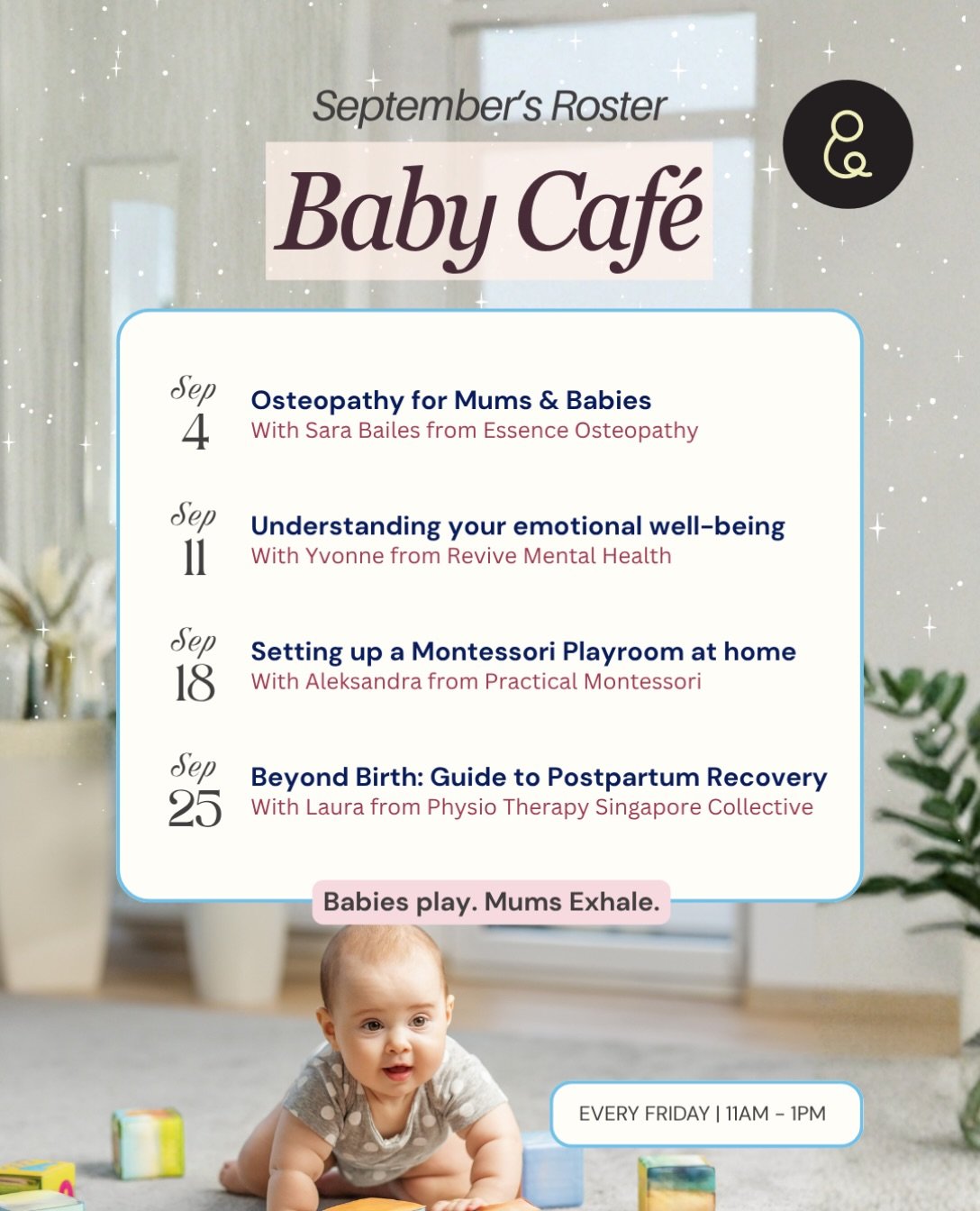 Babies play and mums exhale. 🤍

September&rsquo;s roster is out!

Join us every friday, 11am to 1pm, at Baby Caf&eacute;; a little space for your baby to play, explore and socialise, while you take a moment to breathe, sip your coffee and enjoy some