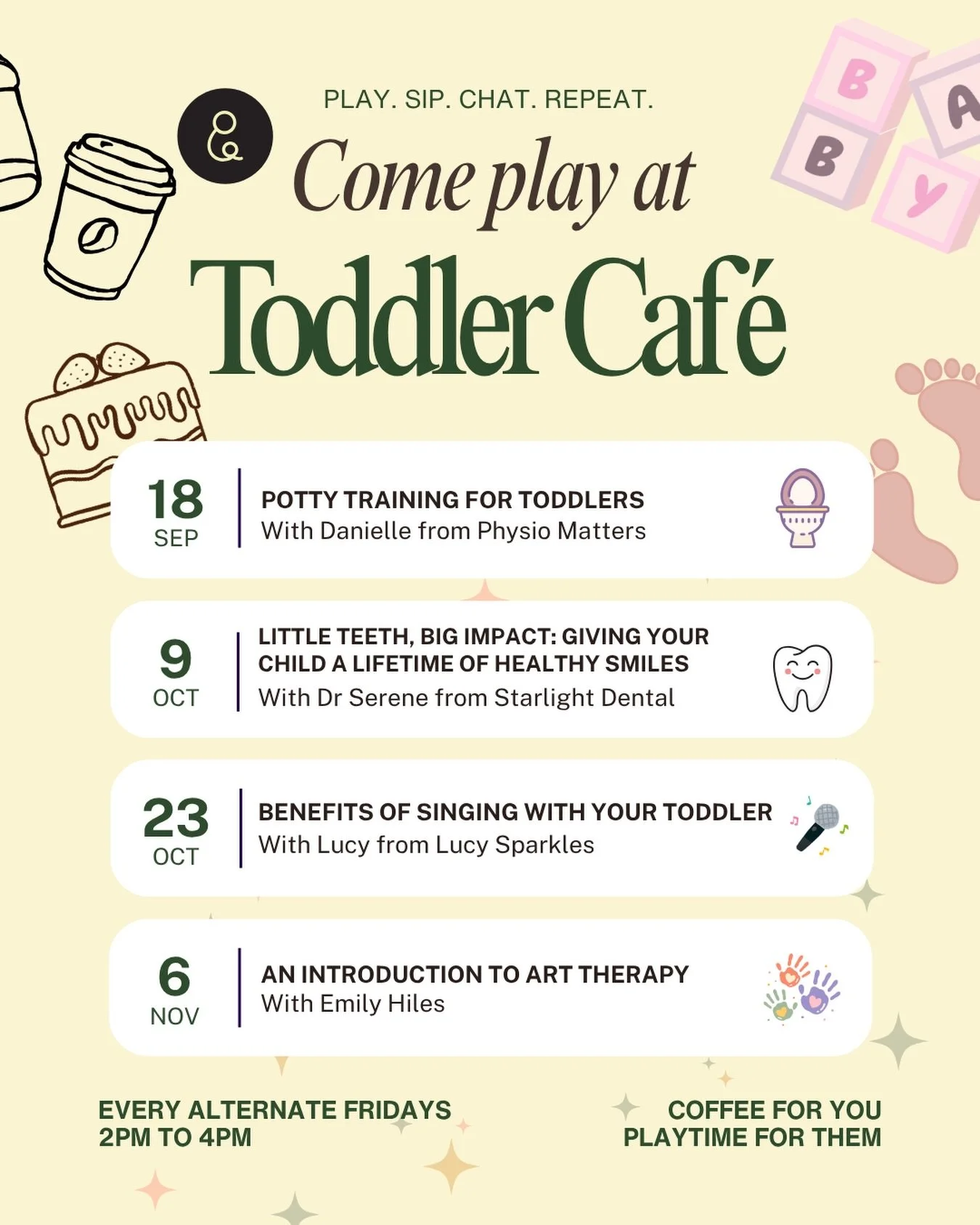 ☕️ Toddler Caf&eacute;&rsquo;s updated Roster: every alternate Friday! 👶✨

A little playtime for them, a little coffee break for you. 🤍

Bring your little one along for an afternoon of play, snacks, giggles and new friendships, while you enjoy a cu