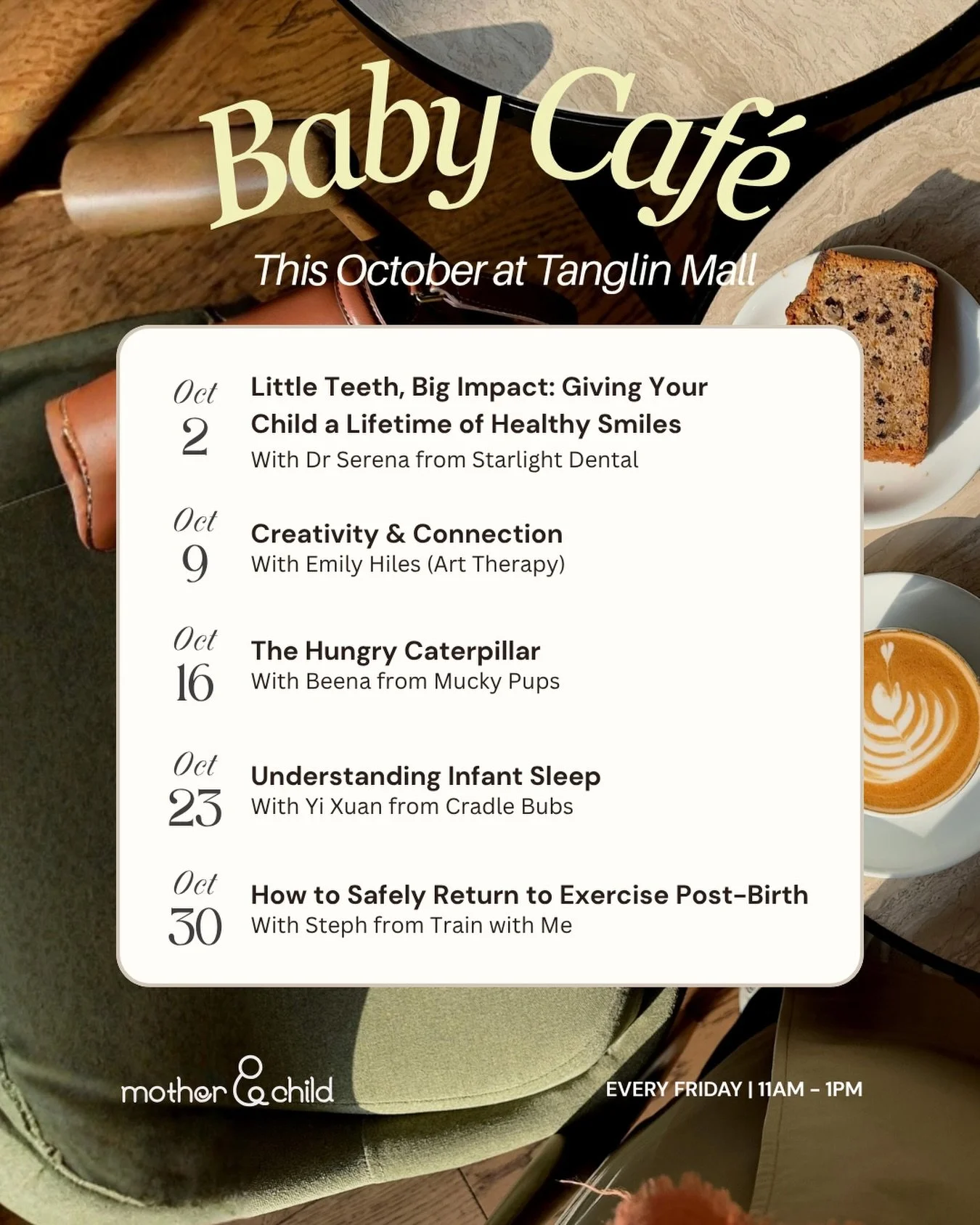 Baby Caf&eacute; for October!

Fridays are for coffee, baby playtime and mum chats 🤍

Come by with your little one, meet other mums, let the babies crawl/play/explore, and take a little breather while you&rsquo;re at it.

📍 Tanglin Mall
🗓 Every Fr